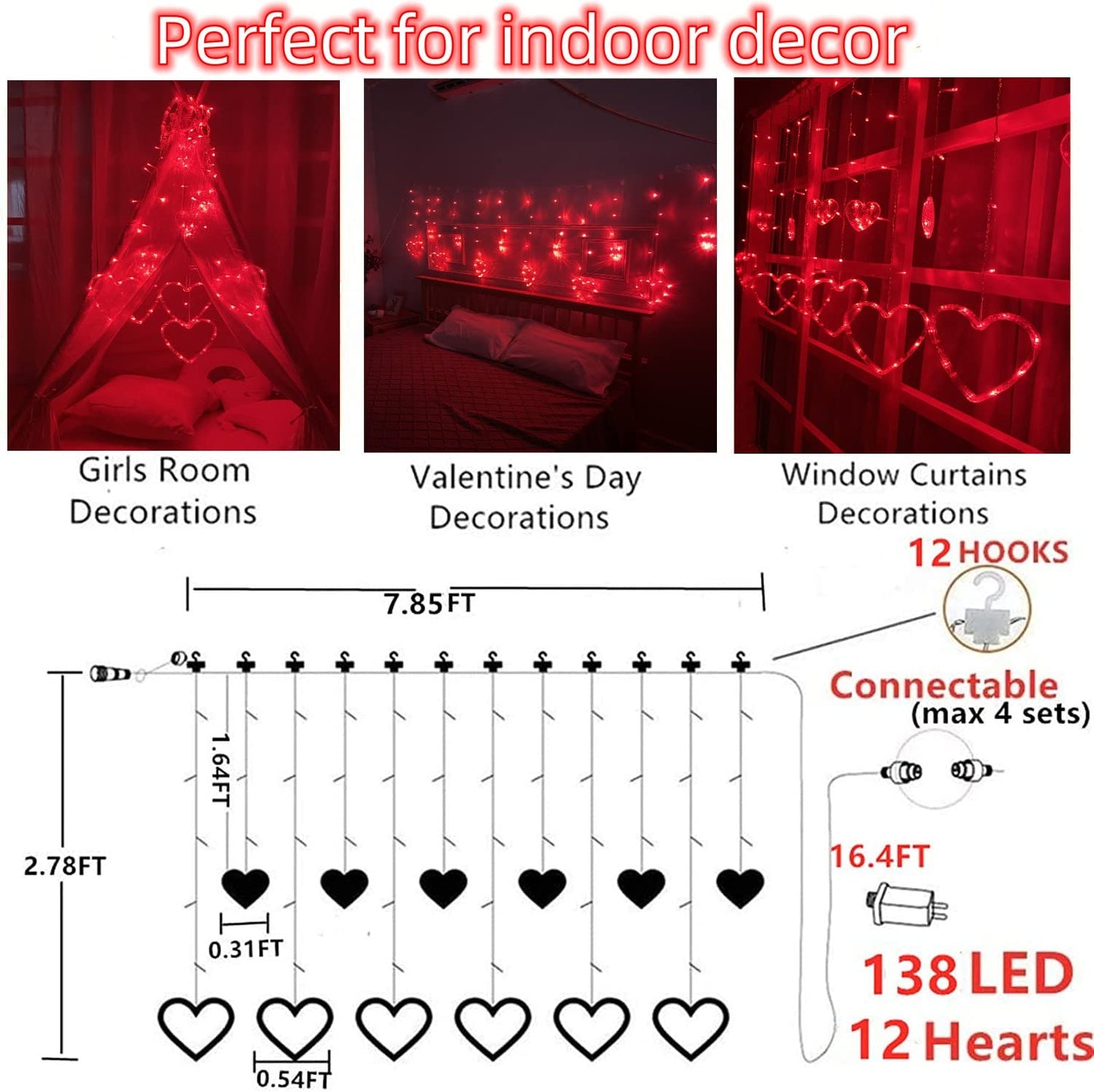 Valentines Day Decor Lights,138 LED 12-Heart-Shaped String Lights Waterproof,8 Modes Connetable 29V Plug in Curtain Lights for Kids Bedroom Wedding Party Valentines Day Decoration (Red)