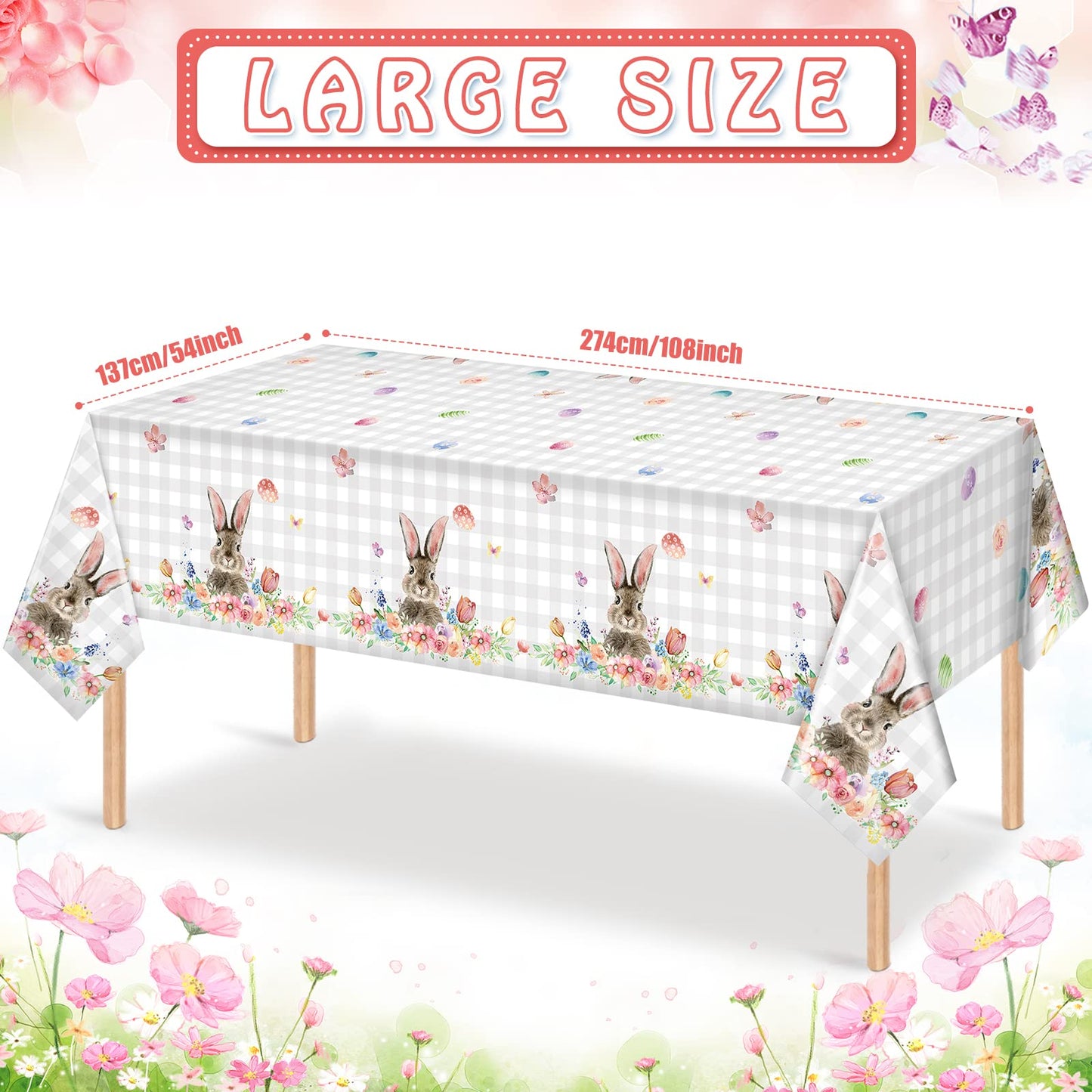 3Pcs Spring Easter Bunny Buffalo Plaid Checkered Tablecloth Decorations,Plastic Rabbit Egg Floral Pastel Dinner Table cover for Indoor Outdoor Birthday Easter Baby Shower Party Supplies,54x108 Inch