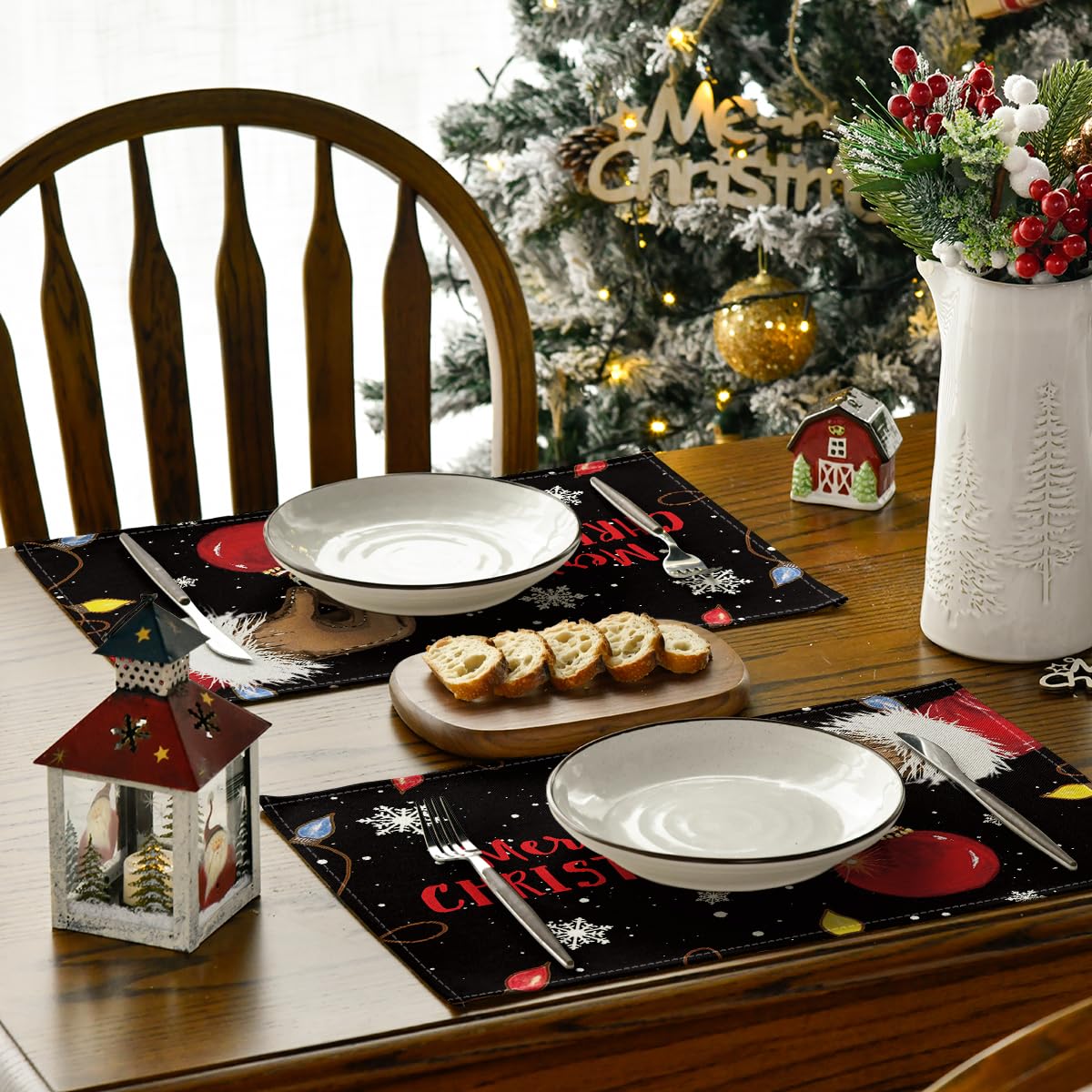 Xmas Ball Merry Christmas Placemats Set of 6, 12x18 Inch Seasonal Winter Holiday Black Table Mats for Party Kitchen Dining Decoration