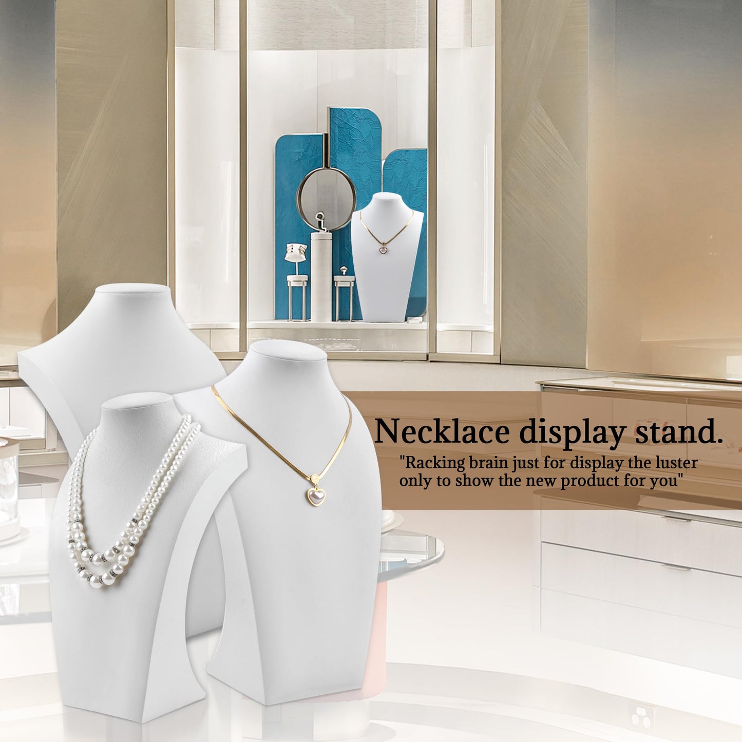 Homeanda Necklace Display Bust - PU Leather Jewelry Bust Stand for Photography, Boutique Display, and Home Organisation(White-9.8"x5.7")