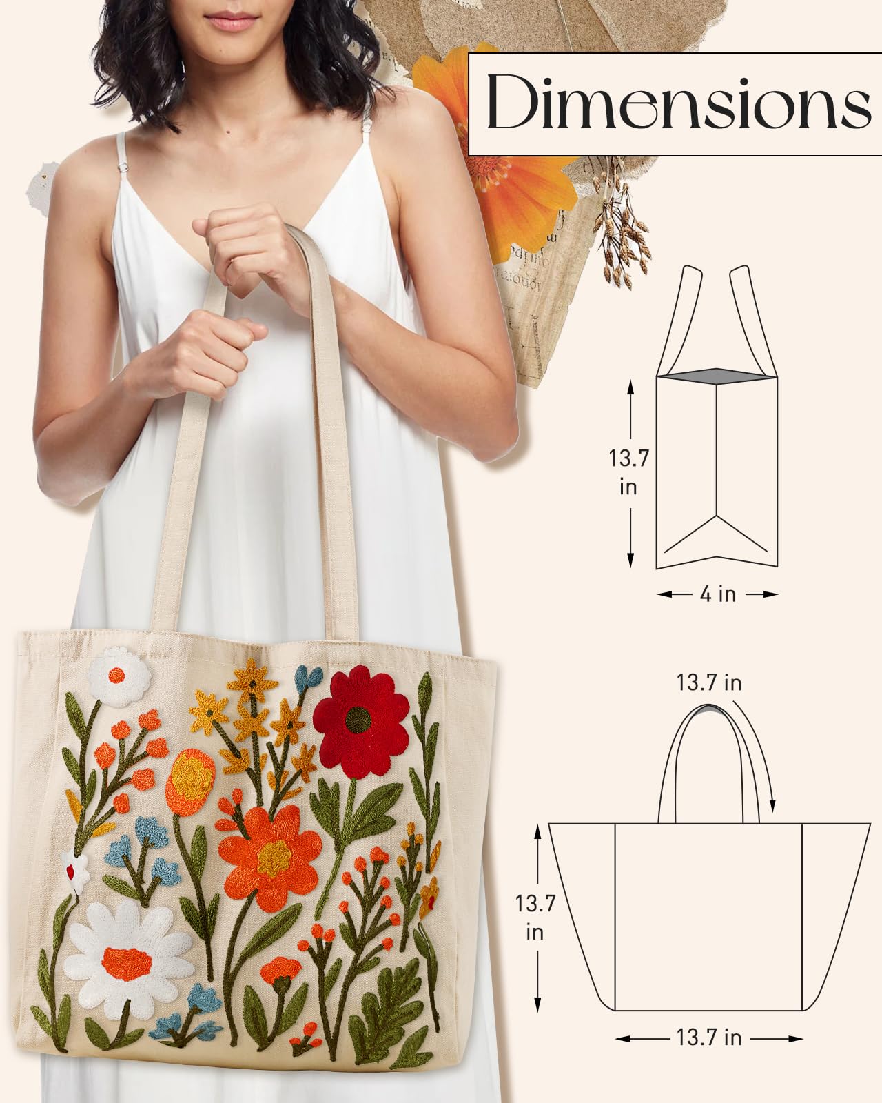 Miss Adola Embroidery Canvas Tote Bag for Women - Reusable Totes with Magnetic Buckle Cute Aesthetic Designer Shoulder Bags for Shopping Grocery Daily Work, Flower Cluster