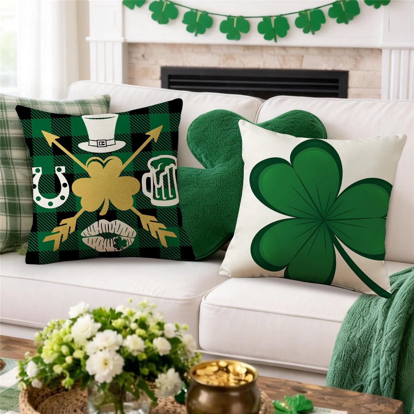 St Patricks Day Pillow Covers 18x18 Buffalo Plaid St Patricks Day Decorations Lucky Clover Hat Throw Pillow Covers Shamrock Cushion Case for Sofa Couch Set of 4