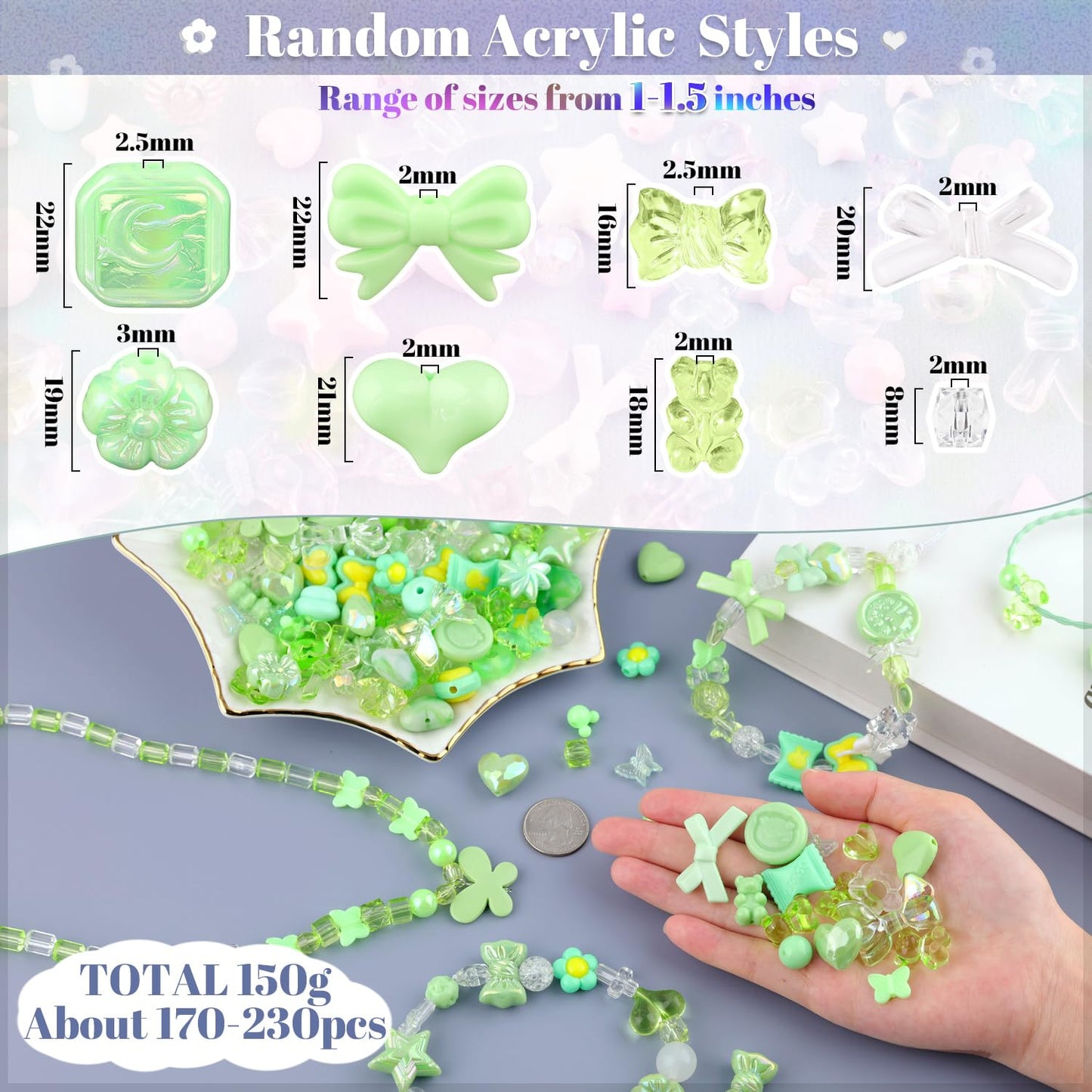 TINKRSTUFF Assorted 170-230PCS Green Acrylic Beads for Bracelet Making, Flower Bow Butterfly Candy GummyBear Aesthetic Bracelet Charms,Cute Beads for Jewelry Making DIY Necklace Keychain Phone Charm