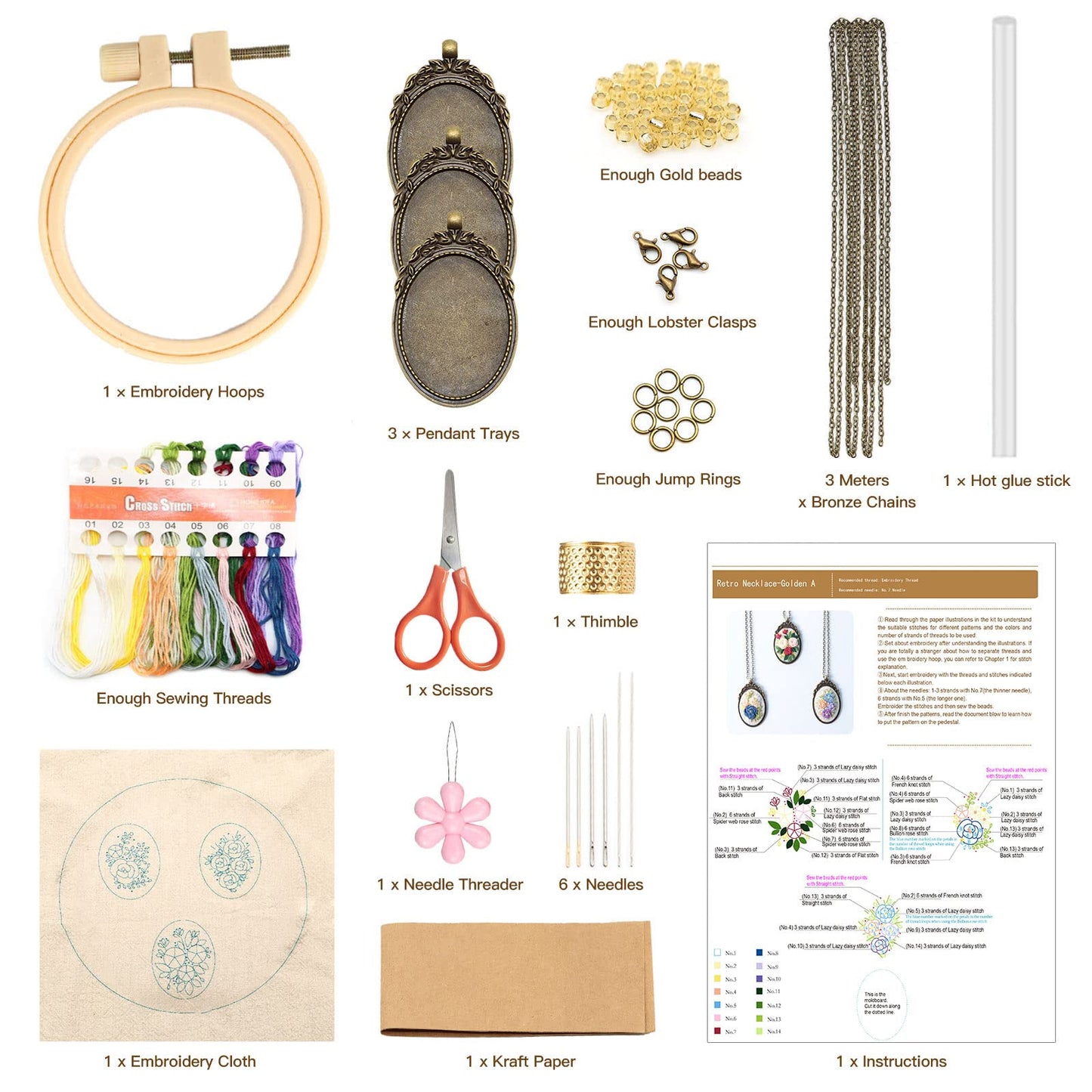 ZOCONE 3 Packs Embroidery Necklace Kit, Embroidery Pendant Kits Mini Cross Stitch Kit with Hoop, Necklace, Pendant, Beads, Stamped Pattern Cloth, Instructions, etc., Embroidery Kits for Adults