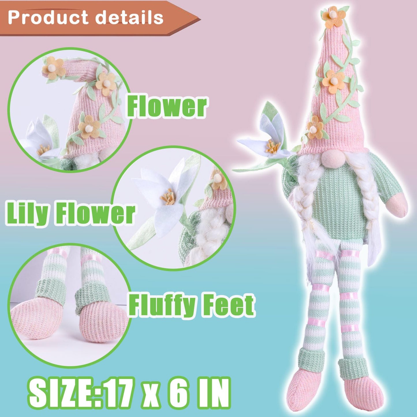 Easter Gnomes Plush Decorations - 3PCS Long Dangle Leg Bunny Gnomes Handmade Hold Egg Lily Flower Carrot, Rabbit Elf Dolls for Easter Day Home Table Ornament, Tiered Tray Decor