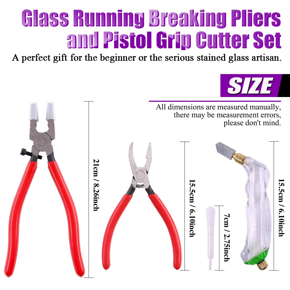 3Pcs Heavy Duty Glass Running Pliers, Breaker Grozer Pliers and Grip Oil Feed Glass Cutter Kit, Professional Stained Glass Cutting Tool with Extra Rubber Tips Perfect for Stained Glass Work