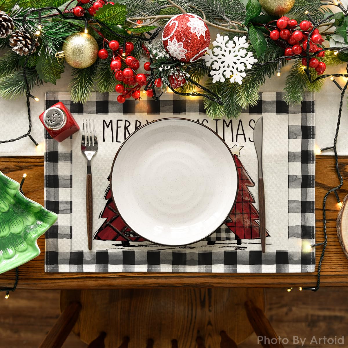 Artoid Mode Waterclor Buffalo Plaid Christmas Trees Placemats Set of 6, 12x18 Inch Winter Table Mats for Outdoor Home Party Kitchen Dining Decor