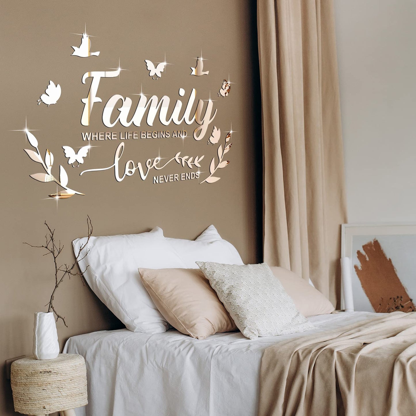 Mirror Family Wall Decor 3D Acrylic Wall Decal Stickers Family Letter Quotes Mirror Decor DIY Removable Wall Art Decals Motivational Butterfly Mural Stickers for Home Decor (Silver)