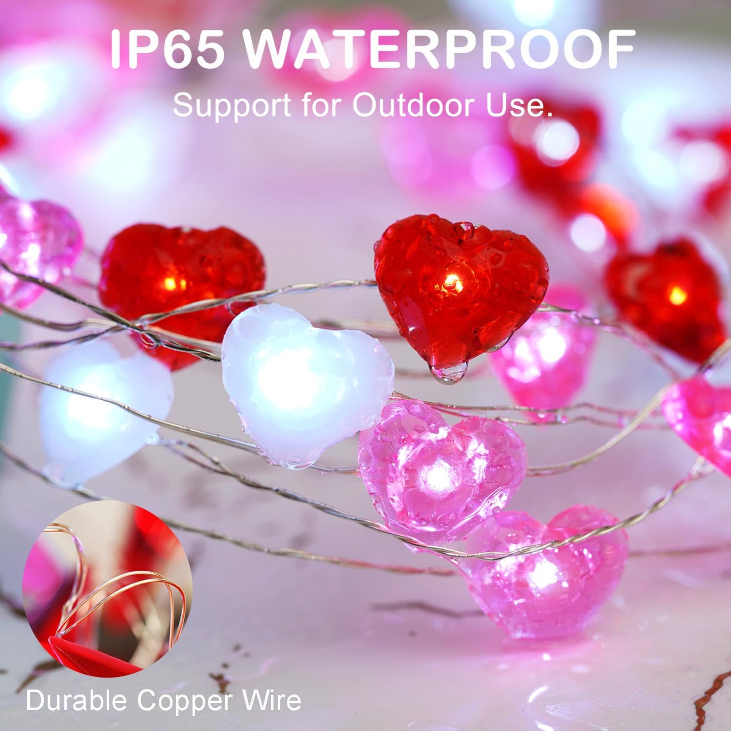 Libreath Valentines Day Decor 10 ft 40 LEDs Red White Pink Heart String Lights Battery Operated Garland Valentines Day Lights with Timer Valentines Day Decorations for The Home Indoor Mother's Day