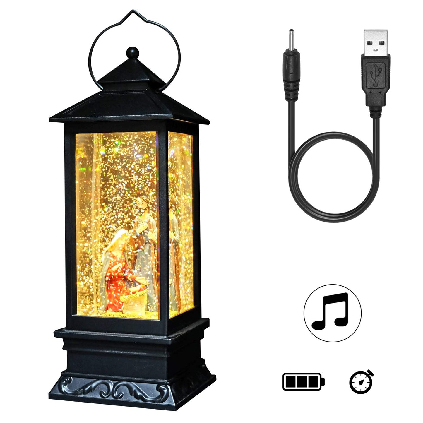 Nativity Music Snow Globe Lantern with Timer Battery Operated & USB Powered Lighted Singing Snow Globe Lamp Spinning Water Swirling Glitters Christmas Decor 4" x 4" x 12"
