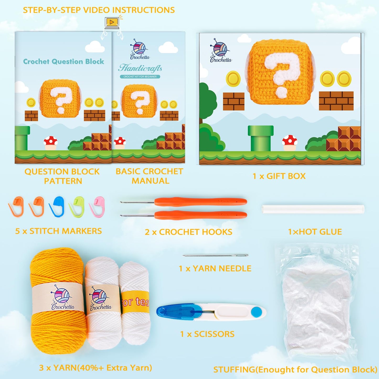 Crochet Kit for Beginners, Amigurumi Crochet Kit for Adults with Step-by-Step Video Tutorials, Learn to Crocheting Starter Kits for Kids, Knitting and Craft Supplies, Super Game Bros Toys(40%+ Yarn)