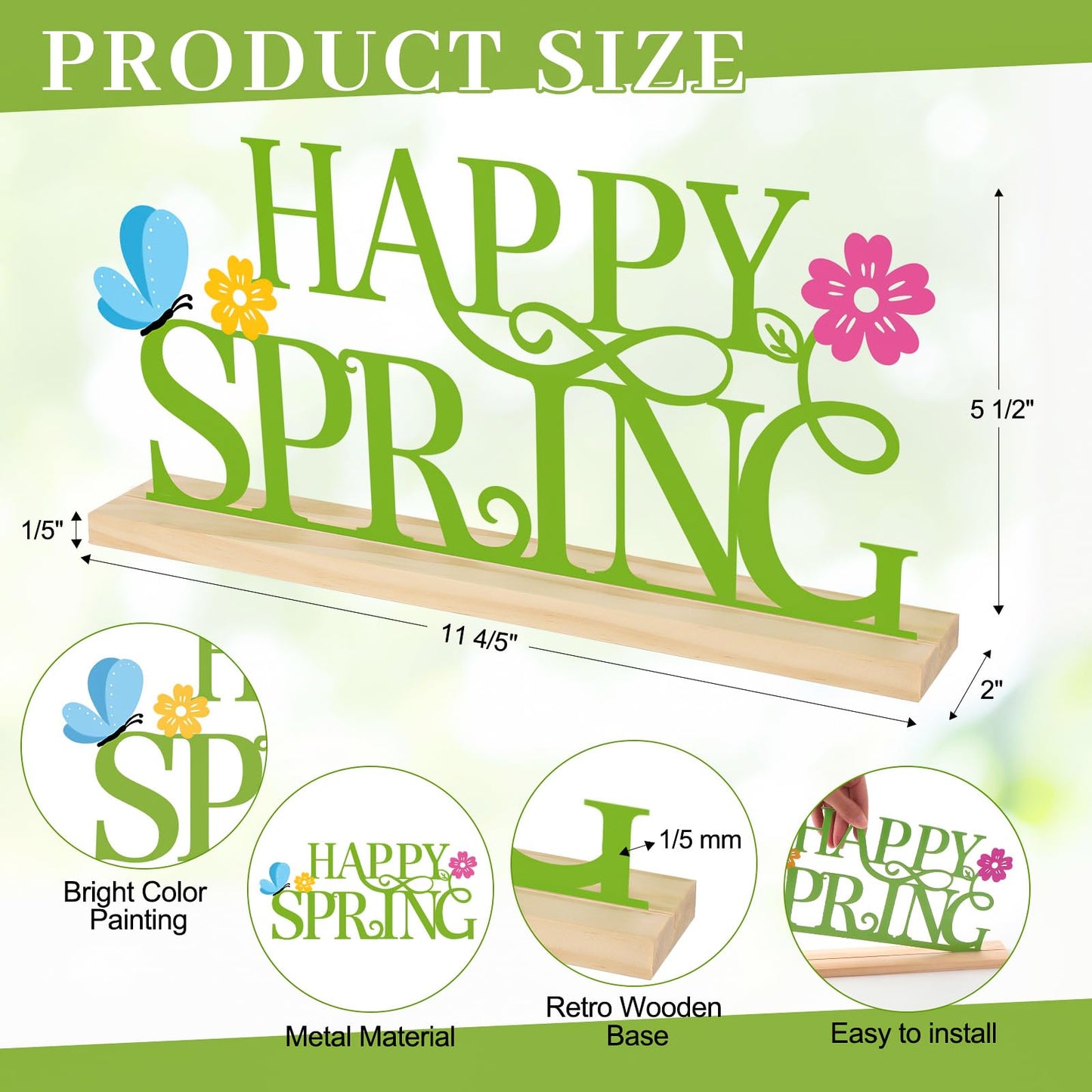 Metal Happy Spring Sign, Spring Decorations for Home, Office, Shelf, Mantel, Indoor, Spring Flower Decor, Spring Butterfly Table Top Party Decoration (Spring)