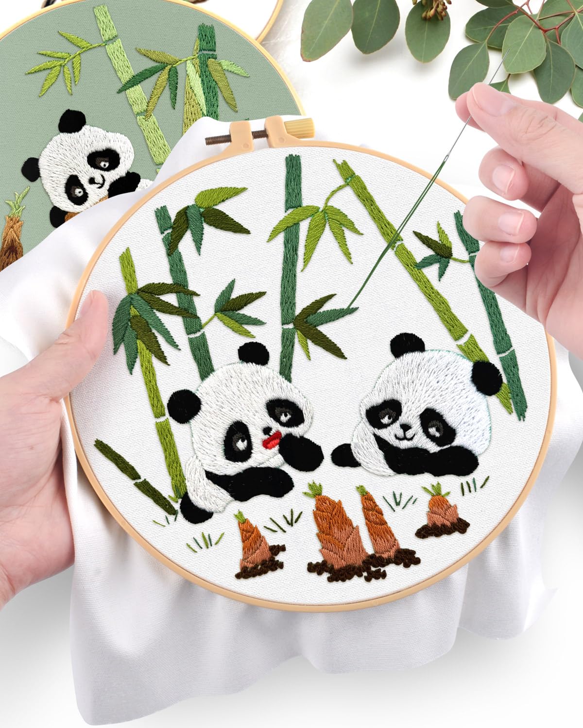 4 Sets Embroidery Kit for Beginners, Animal Cross Stitch Set for Adult Include Embroidery Cloth Hoops Threads for Craft Lover Hand Stitch (Panda)
