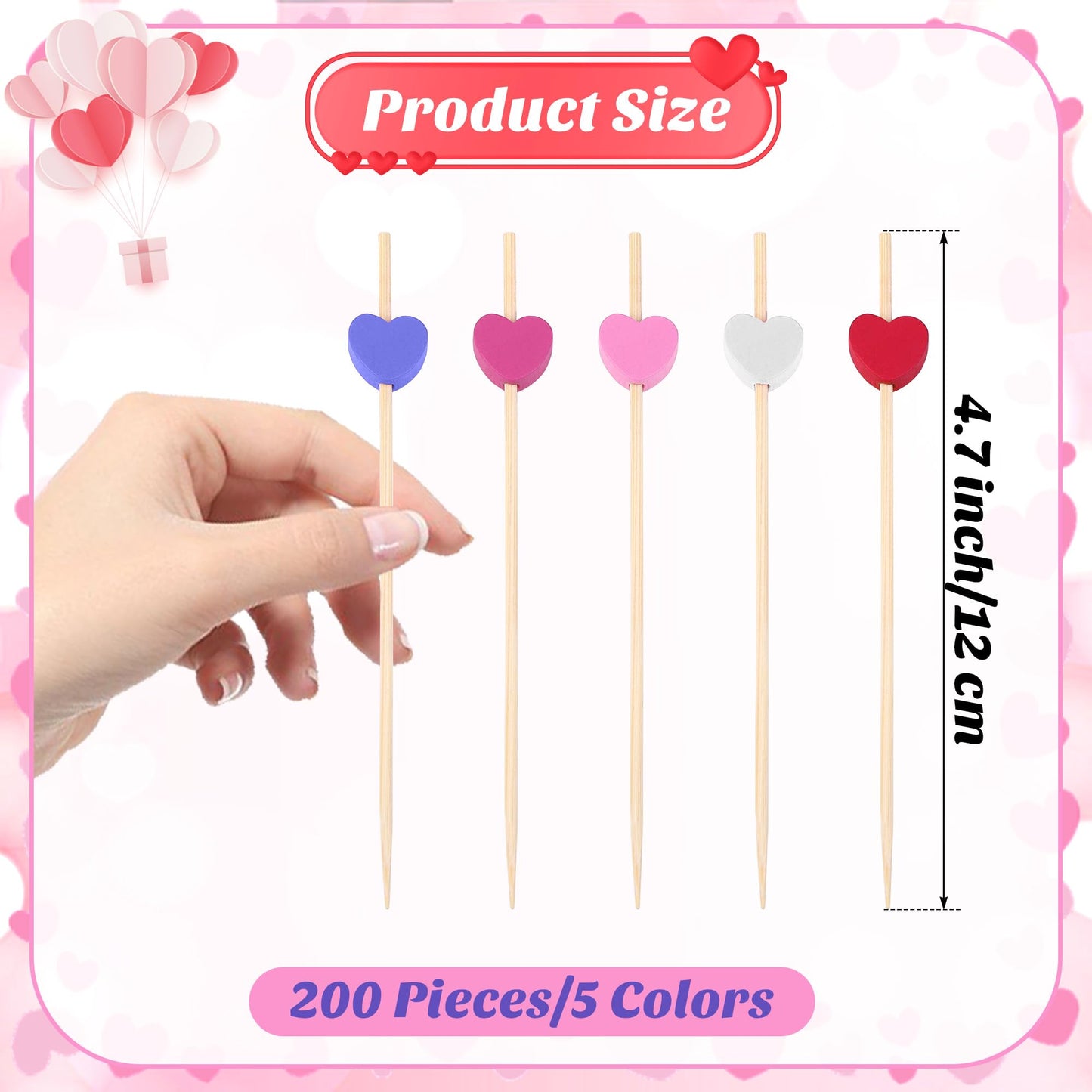 200 Pieces Valentine's Day Classic Color Heart Cocktail Picks 4.72 Inch Wooden Toothpicks Cocktail Skewers Appetizers Picks Party Supplies for Birthday, Wedding, Baby Shower