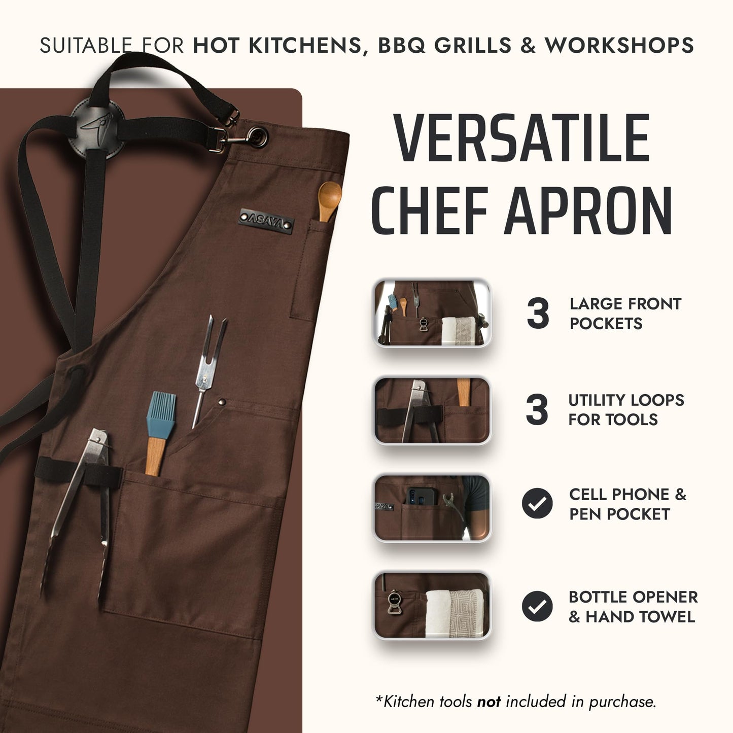 Chef, BBQ and Work Apron with Bottle Opener and Hand Towel - Durable 10oz Cotton Canvas, Brass Hardware and Cross Back Straps - For Men, Women, Grilling, and Cooking (Brown)