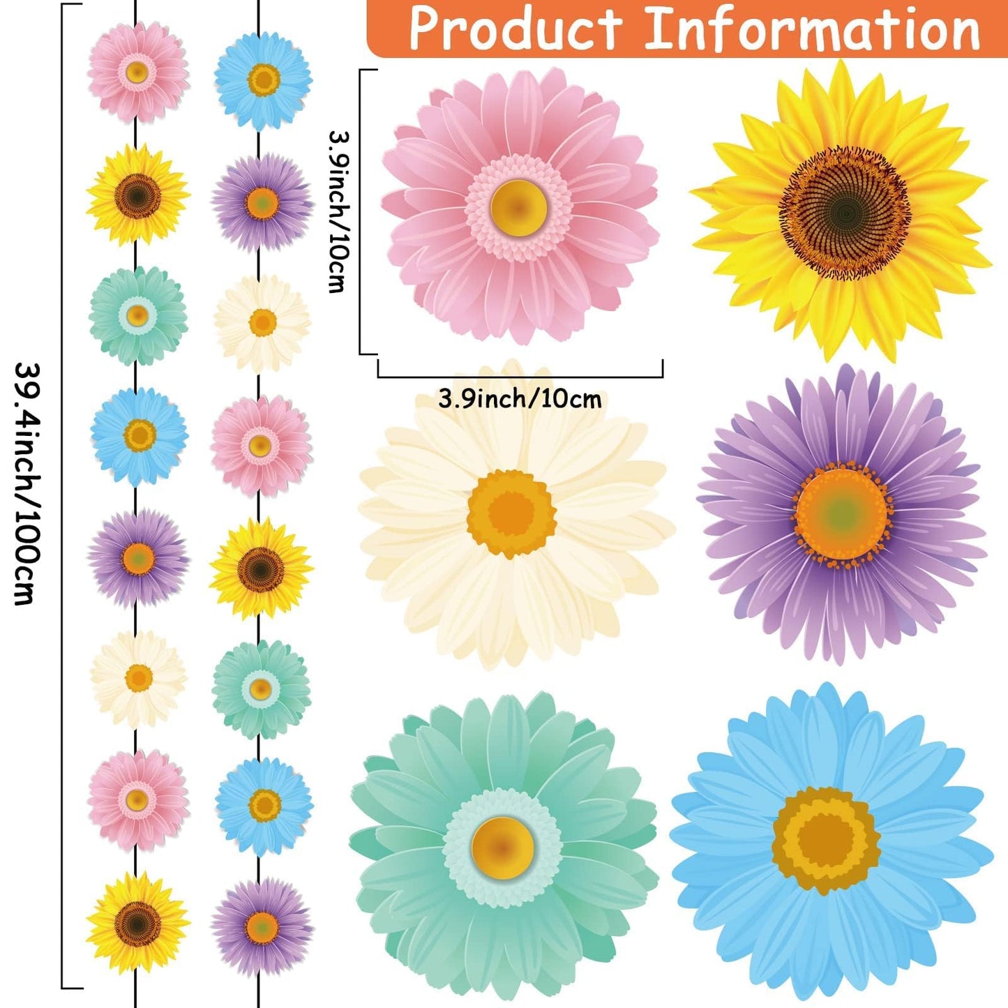 12 Packs Spring Sun Flowers Banners Sunflower Garland Kit Flower Hanging Swirl Spring Party Supplies Decorations Sunflower Paper Cutouts for Birthday Party Home Classroom Favor Supplies Decor
