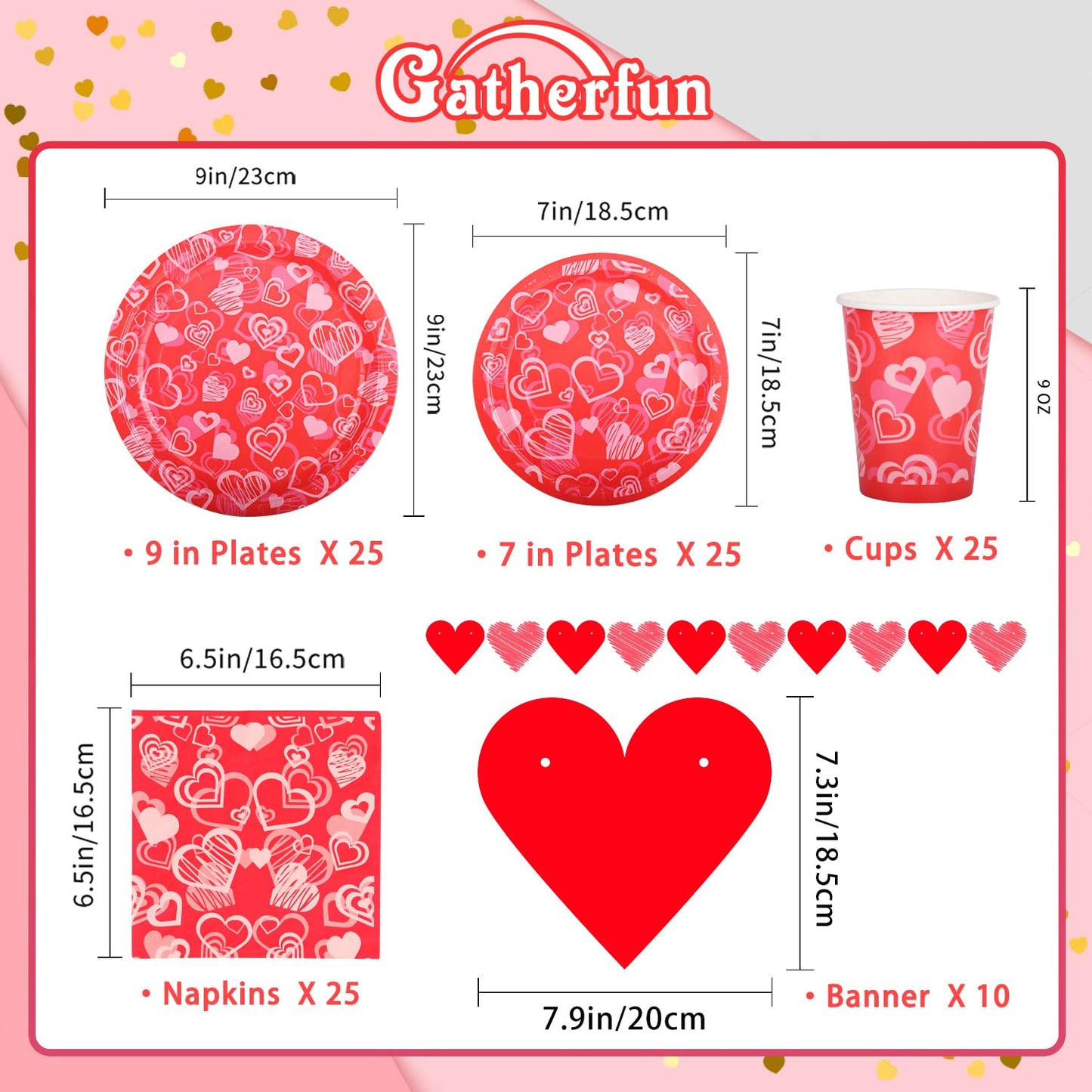 Gatherfun Valentine's Day Party Supplies Hot Heart Love Disposable Paper Plates Napkins Cups plastic Tablecloth with Banner for Valentine's Day, Engagements, Anniversary, Birthday Party Serve 25