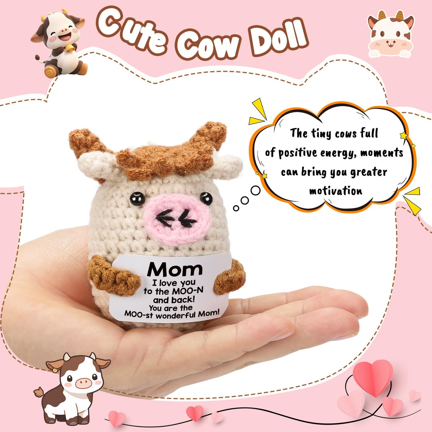 YUEYUQIU Mini Birthday Gifts for Mom from Daughter - Handmade Crochet Cow Moms Gifts for Mother’s Day Mama Mother in Law Bonus Step Mother Mommy - Funny I Love You Mom Present for Mothers Day