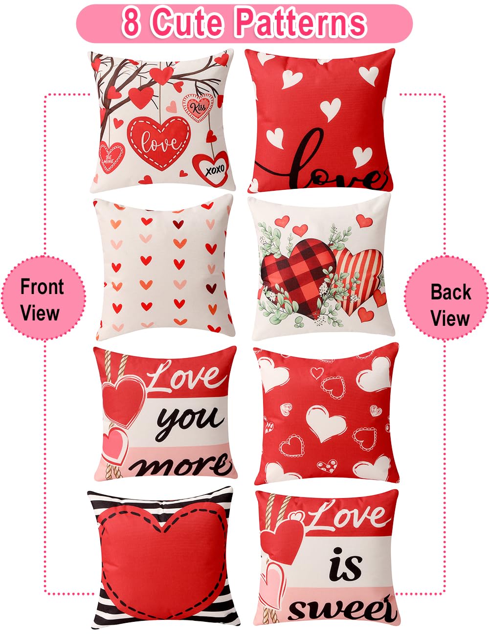 Valentine Decorations Set of 4 Double-Sided Valentine's Day Throw Pillow Covers 20" x 20", Reversible 8 Designs, with 16 pcs Heart & Love Balloons, Stickers, Complete Valentines Decor Kit
