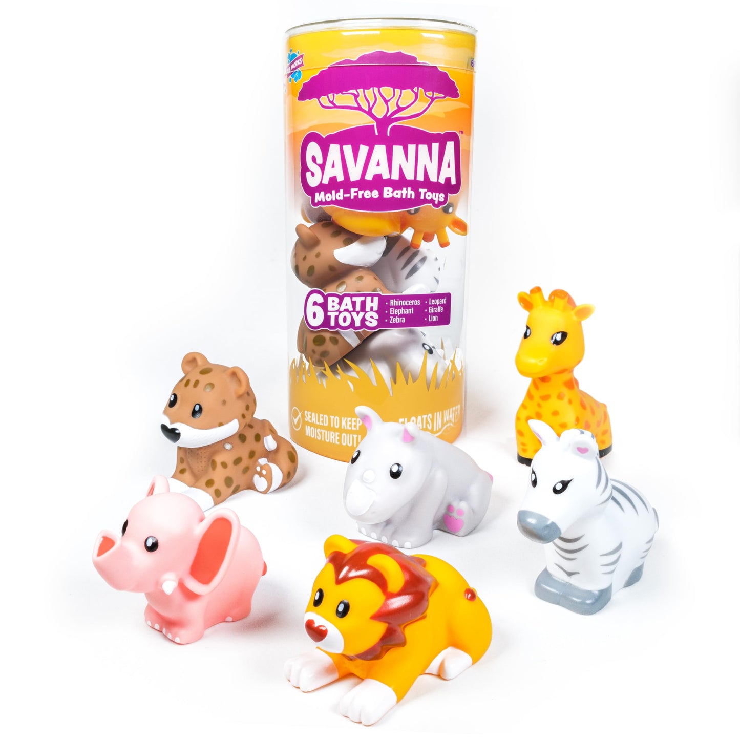 Tub Works® Savanna™ Mold Free Bath Toys, 6 Pack | Sealed, No Hole Bath Toys Design Keeps Moisture Out | Soft, Squeezable & Float on Water | Easy-Grip Baby & Toddler Bathtub Toys | Great Baby Pool Toys