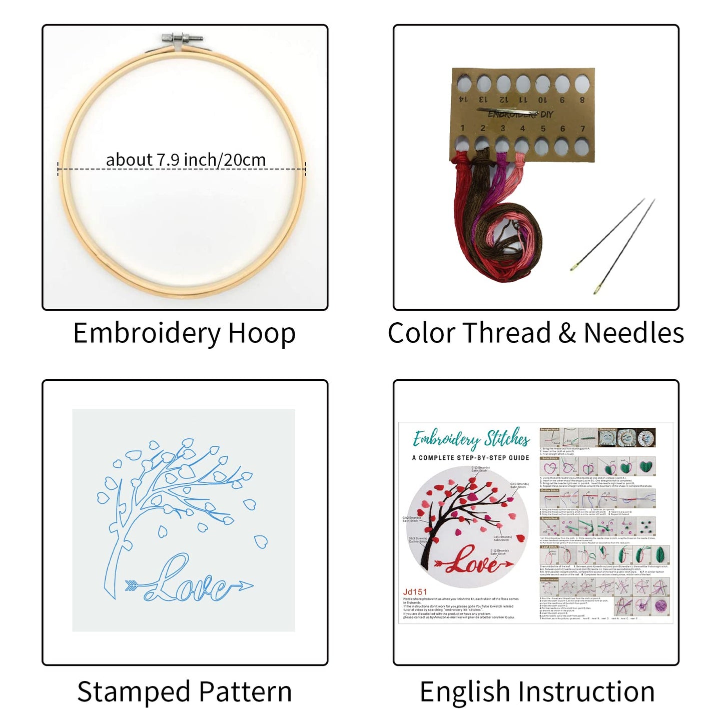 Louise Maelys Love Heart Tree Beginners Embroidery Kits,Cross Stitch Starter Kit for Adults Including Cloth with Lovers Pattern Hoop Needles Instruction and Threads