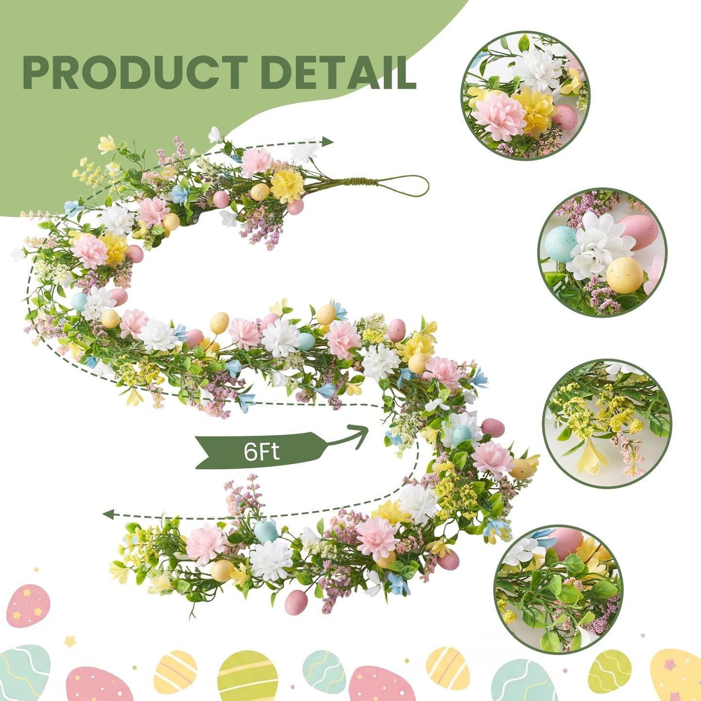 6 Ft Easter Garland, Easter Egg Garland for Mantle, Spring Summer Pastel Artificial Flower Garlands, Easter Decorations for Home Mantle Fireplace Indoor Decor