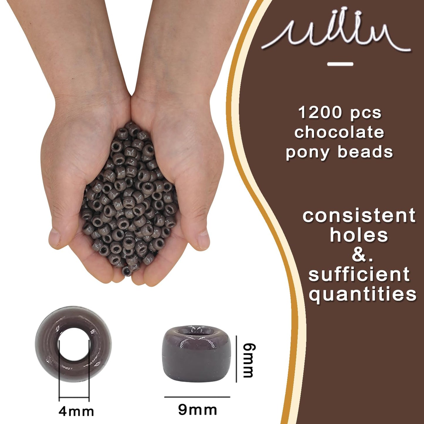 MIIIM 1200PCS 6x9mm Dark Pony Beads Bulk, Kandi Beads for Bracelets Making Kit, Hair Braids Crafts for Jewelry Making (Chocolate Brown)