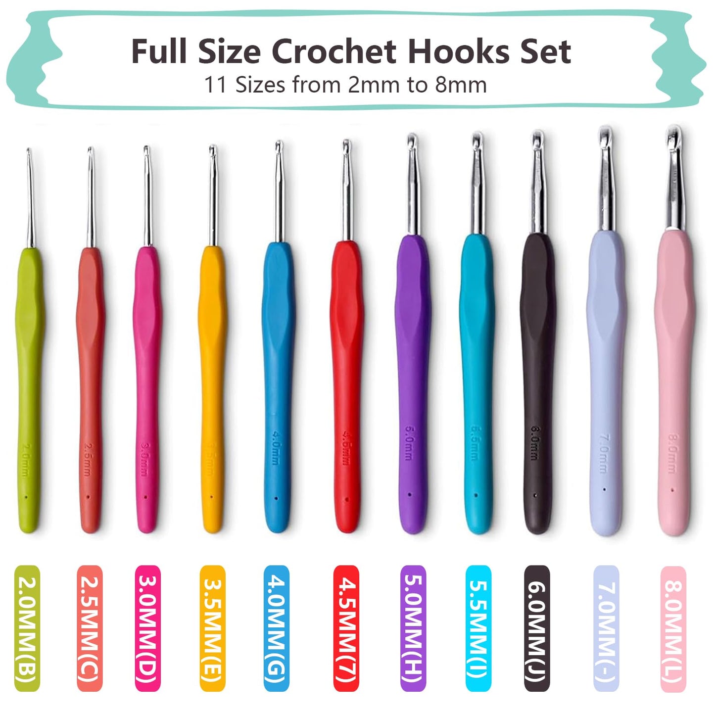 Buylorco Crochet Hooks 11 Size Crochet Hook Set with Soft Handle and Case Crochet Needle Kit for Beginners Knitting Needle Kit Yarn Crochet Kit 2mm(B) to 8mm(L)