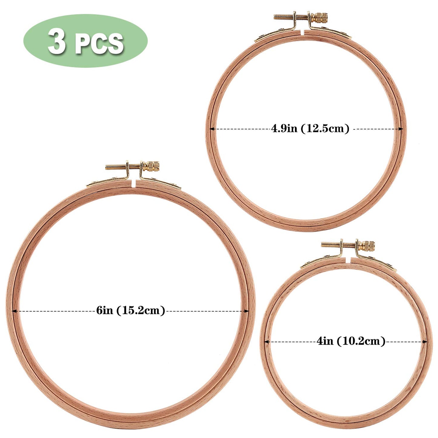 Sherbo 3 Pieces Beech Wood Embroidery Hoops Set by 4 Inch to 6 Inch Circle Hoop Ring Cross Stitch Cotton for DIY Embroidery Floss Starter of Sewing Art Kits Crafts