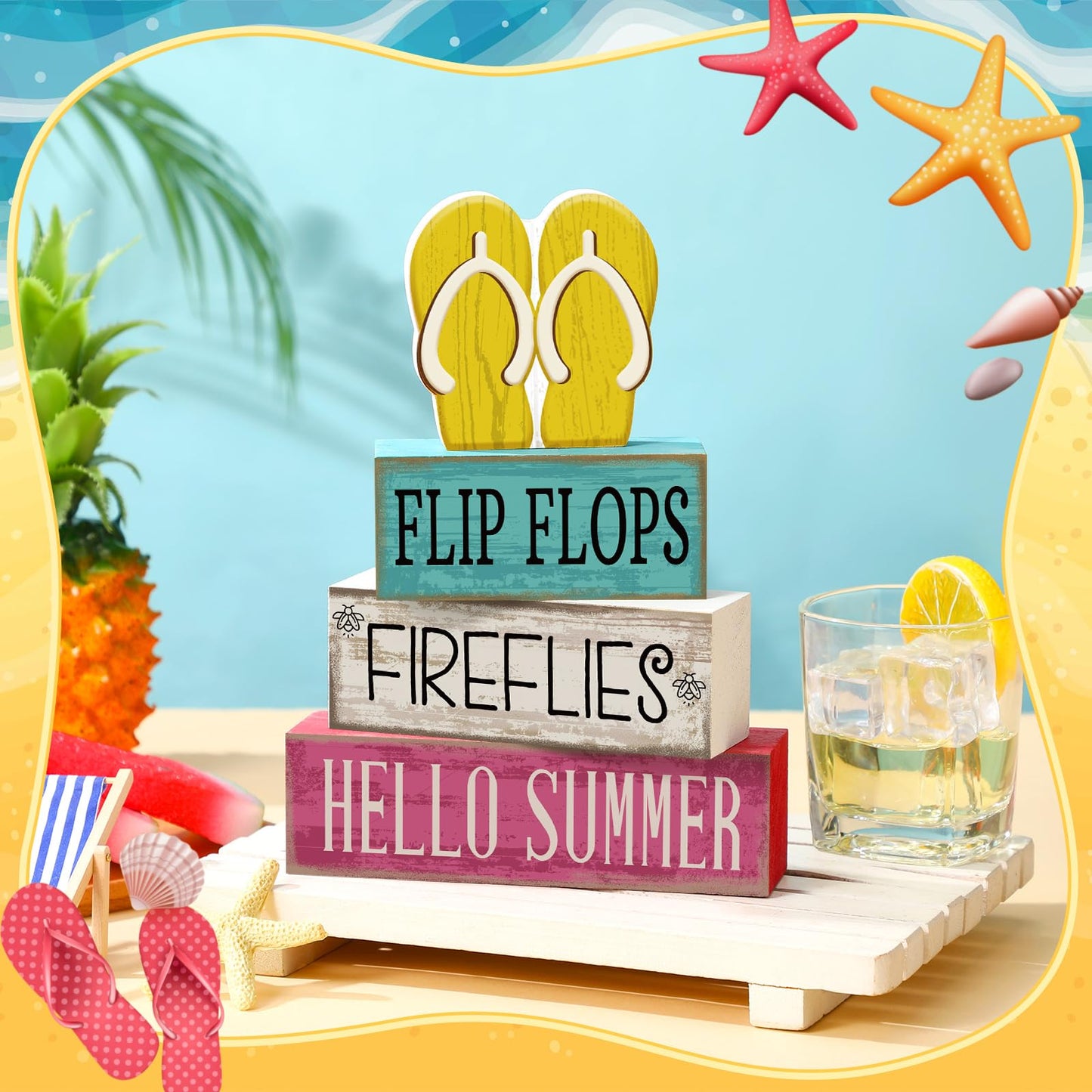 4 Pcs Summer Table Decorations Wooden Sign Flip Flops Table Centerpiece Summer Tiered Tray Decor Decorative Faux Book Stack Block for Coffee Fireplace Mantel Floating Shelf Hawaii