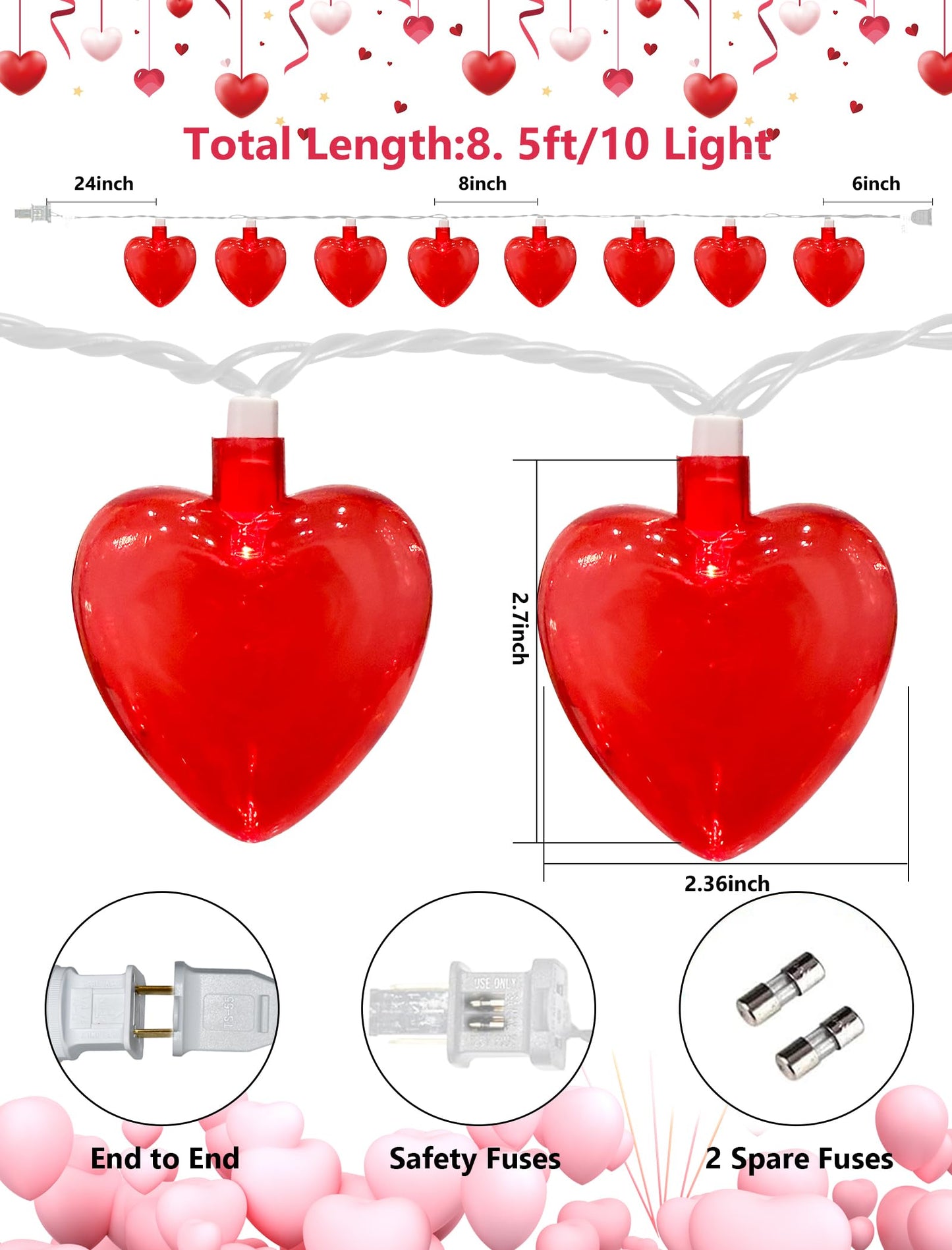 Red Heart String Lights, 8.5Ft Outdoor Valentine's Day Decorations Lights with 10 LED Red Heart Lights, Plug in Heart Fairy String Lights for Valentines Indoor Home Window Wedding Party Xmas Decor