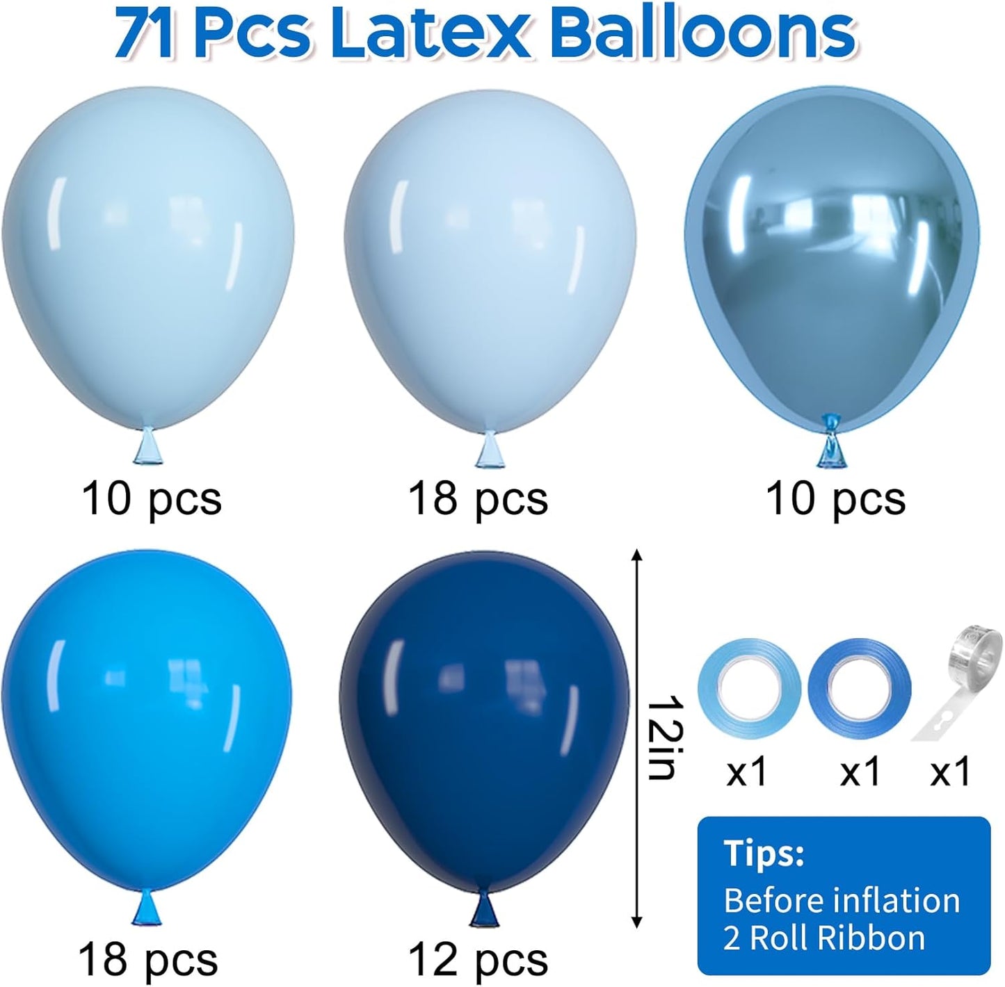 Life 71pcs Blue Balloons Set, 12 inch Metallic Pearl Light Navy Pastel Blue Latex Balloons for Birthday Wedding Bridal Baby Shower Graduation Party Decorations
