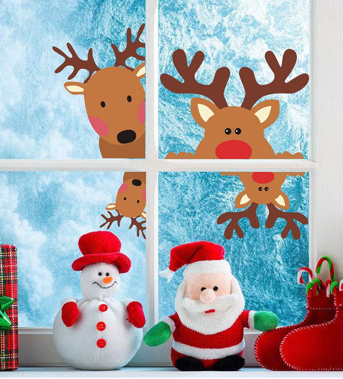 Reindeer Window Decals Double Sided Christmas Window Clings Stickers Xmas Rudolph Decals for Glass Windows Christmas Wall Decal Cartoon Deer Decal Car Sticker Xmas Party Supplies Indoor Home Decor