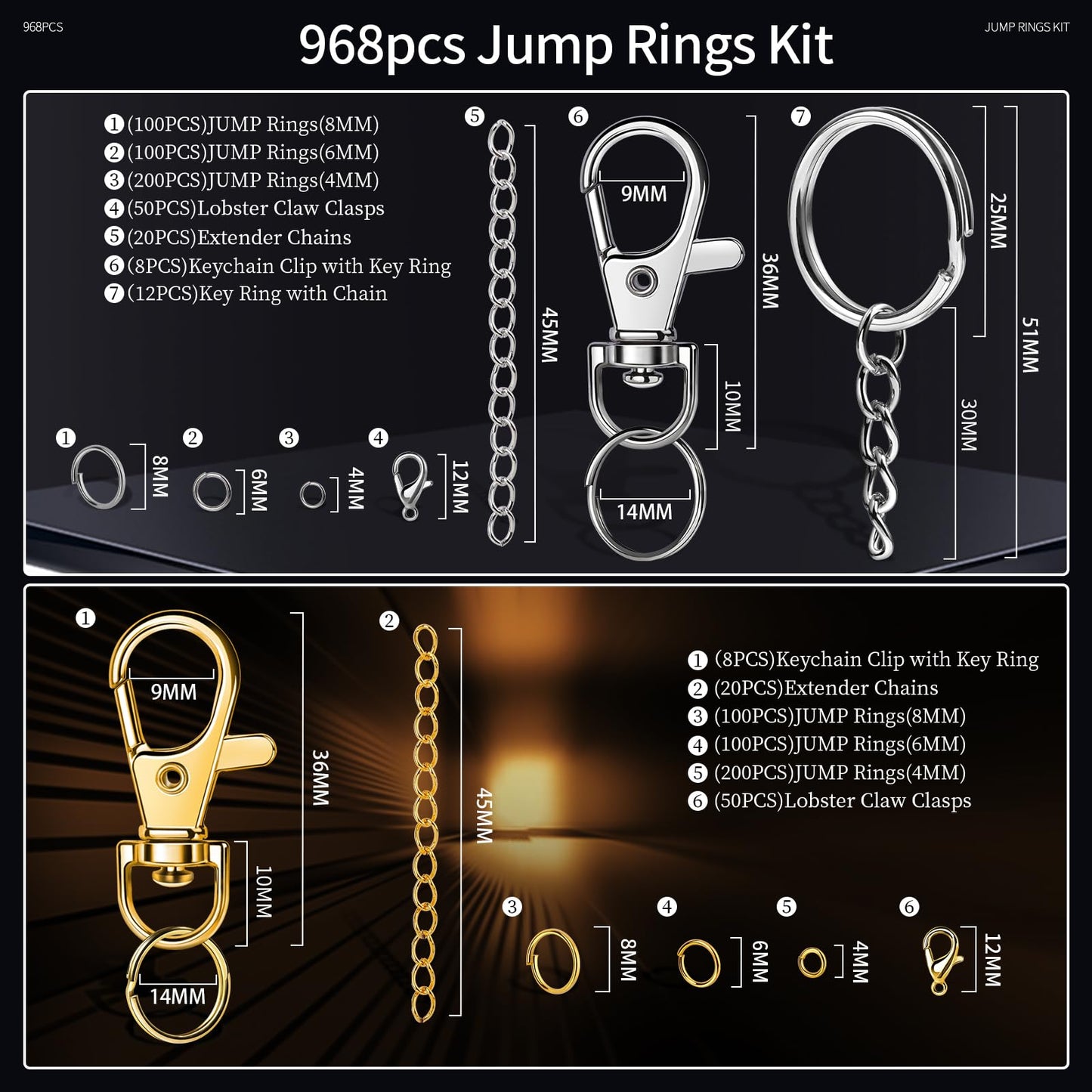 Jump Rings, 968pcs Jewelry Making Supplies, Jump Rings for Jewelry Making, Gold Silver Jump Rings for Charm, Lobster Claw Clasps for Necklace Bracelet Jewelry, Key Chain Rings for Keychain
