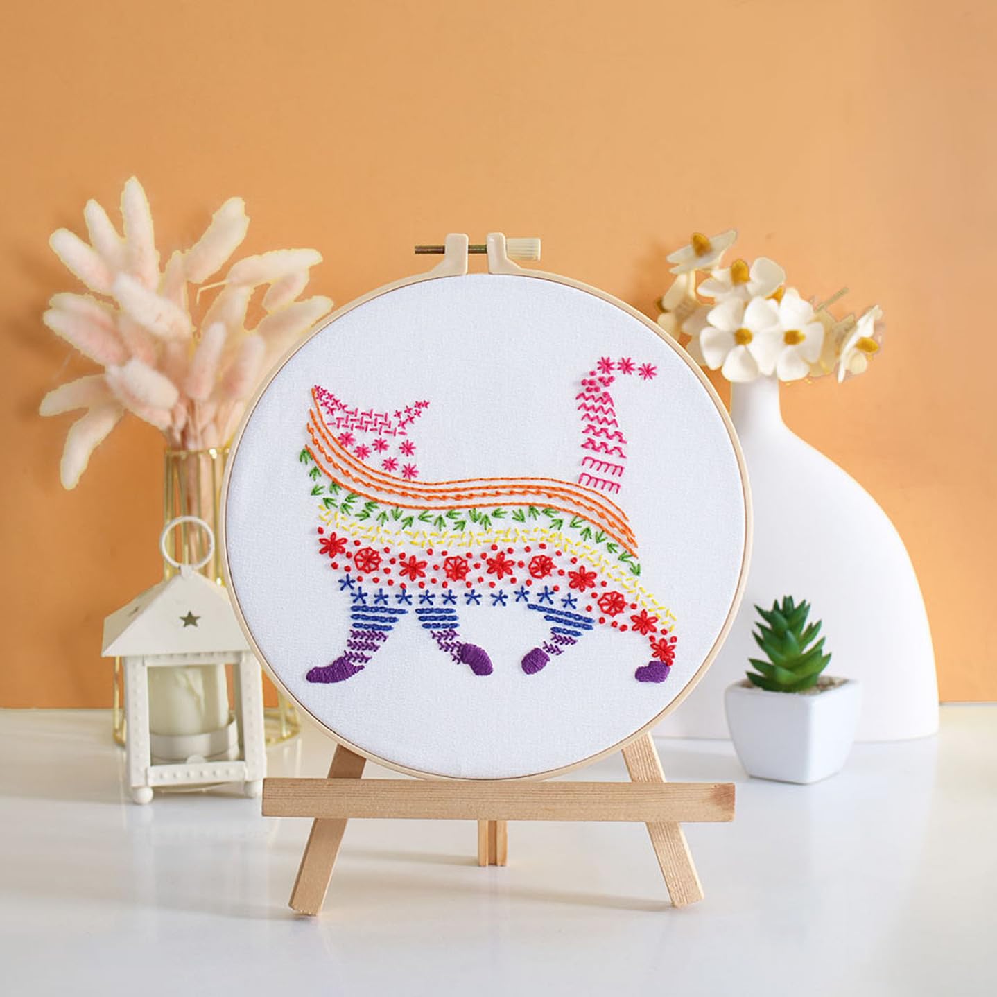 Embroidery Kits for Beginners Adults,Cat Stamped Pattern Practice for Starters,Cross Stitch Kit Including Hoop,Cloth,Needles, Instruction and Threads