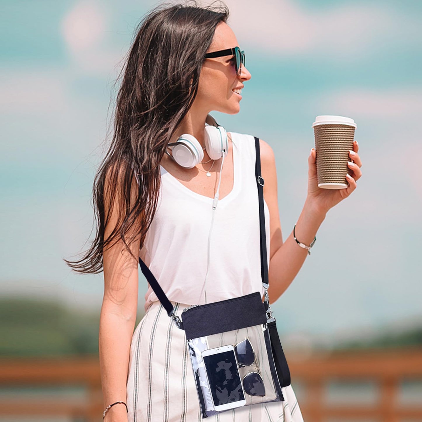 USPECLARE Clear Crossbody Purse Bag Stadium Approved Clear Tote Bag for Work Concert Sports(Clear Black)