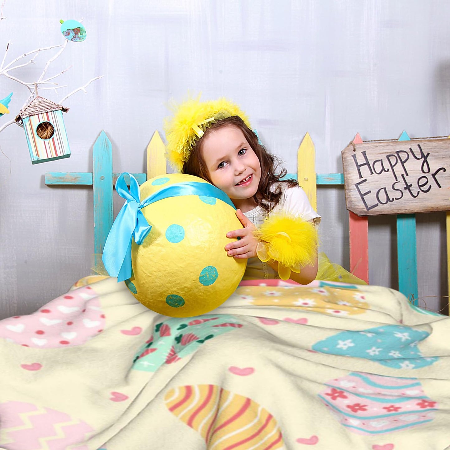 Happy Easter Day Eggs Throw Blanket, Cute Soft Ligtweight Fleece Blanket, Yellow Durable Cozy Anti-Pilling Flannel Blanket for Baby Kids Girls Gift Home Decor 40x50 inches