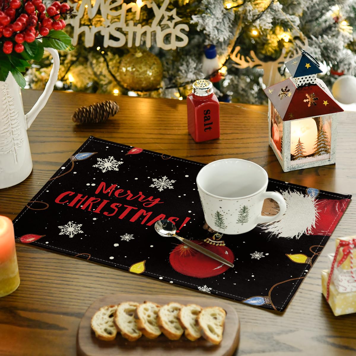 Xmas Ball Merry Christmas Placemats Set of 8, 12x18 Inch Seasonal Winter Holiday Black Table Mats for Party Kitchen Dining Decoration