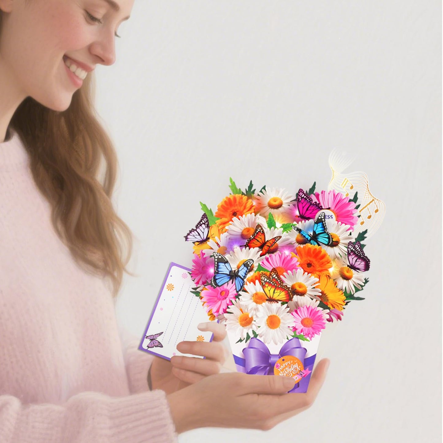 APOTODITO Mini Birthday Cards, Birthday Gift Card with Music and Light, Flower Bouquet 3D Card with Butterflies for Mom, Women, Wife (Butterfly & Daisy)