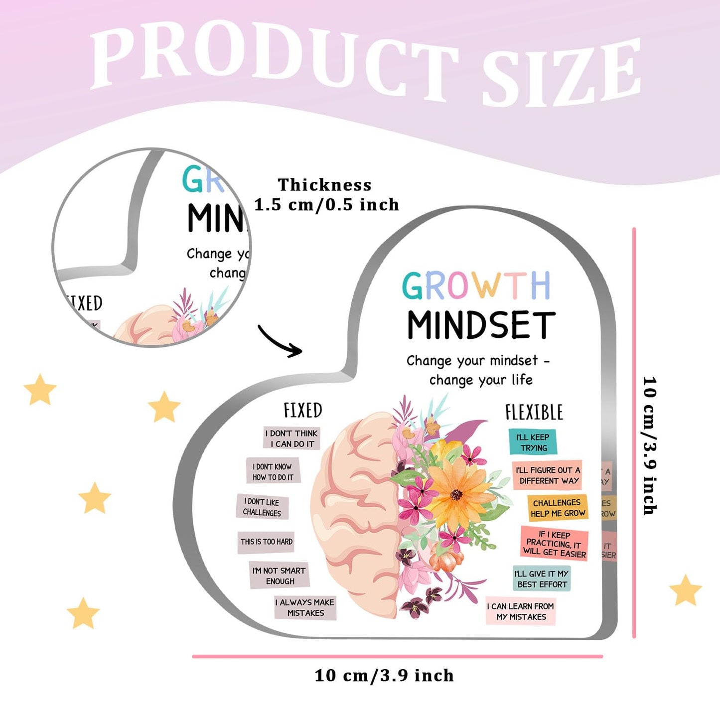 Growth Mindset Decor, Mental Health Therapy Office School Art Educational Challenging Thoughts Affirmation Decorations Positive Sayings Inspirational Gifts Acrylic Heart Inspirational Gift for Teacher