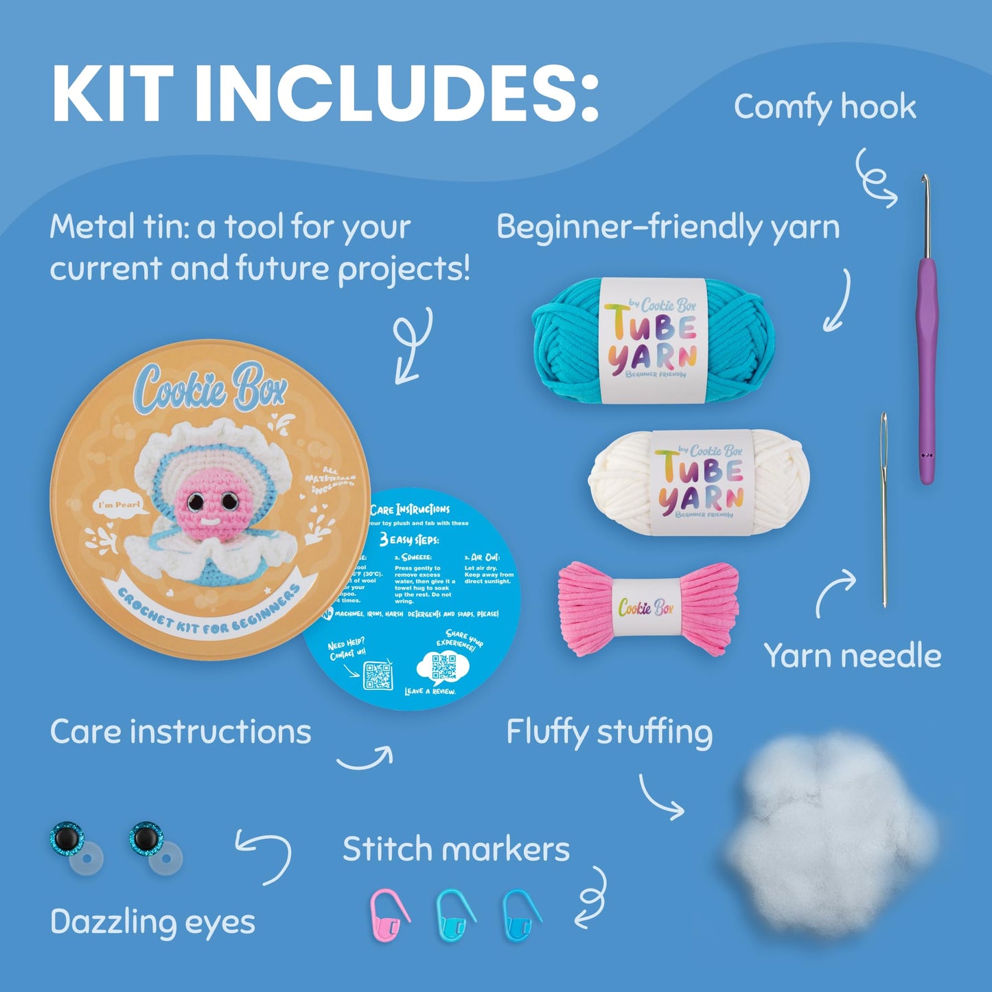 Cookie Box Crochet Kit for Beginners - Learn to Craft Amigurumi Stuffed Animals - Knitting Gift for Kids (13+) and Adults - Beginner-Friendly Yarn - Stitch-by-Stitch Video Tutorial - Oyster Pearl