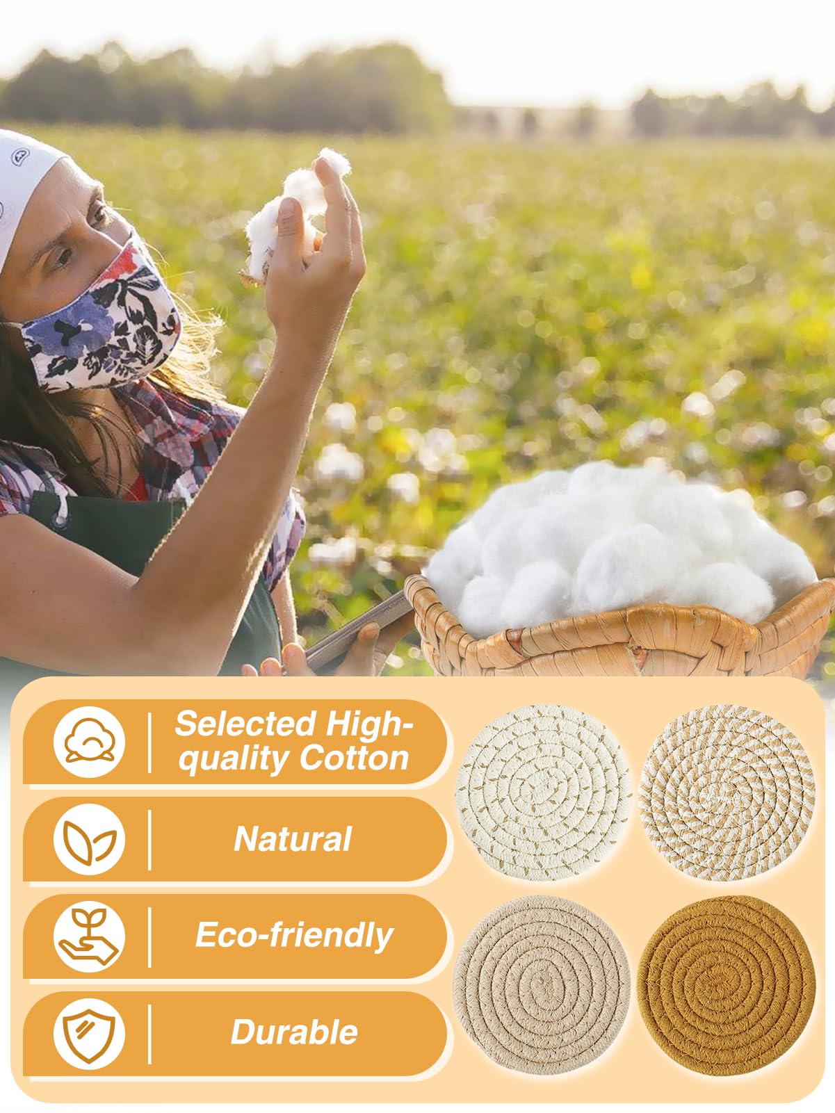 Handmade Woven Drink Coasters, 8 Pcs BOHO Coasters for Home Decor, Absorbent Farmhouse Cotton Table Coasters for Kinds of Cups New House Gift (4.3in, Yellow/Brown/White)