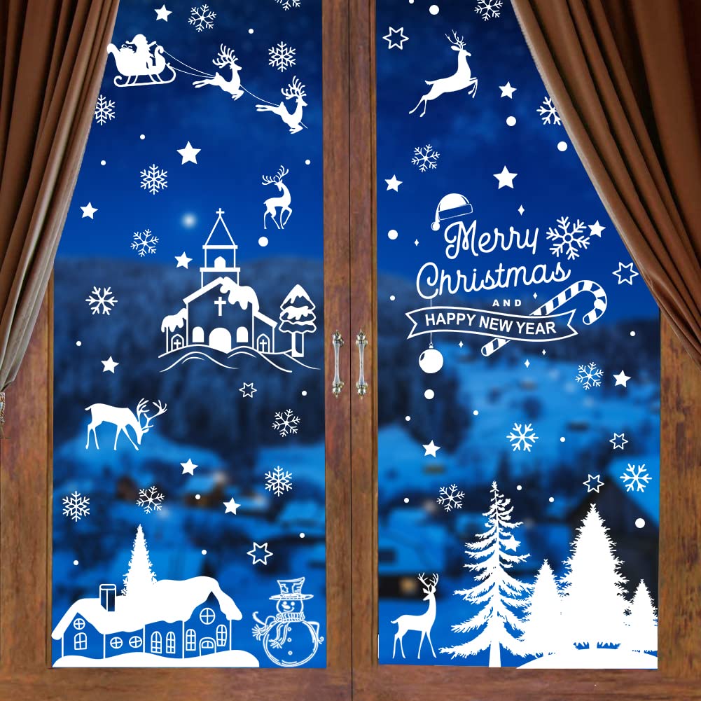 9 Sheets Christmas Window Clings - Tree Snowman Snowflakes Reindeer Decals for Winter Glass Decoration
