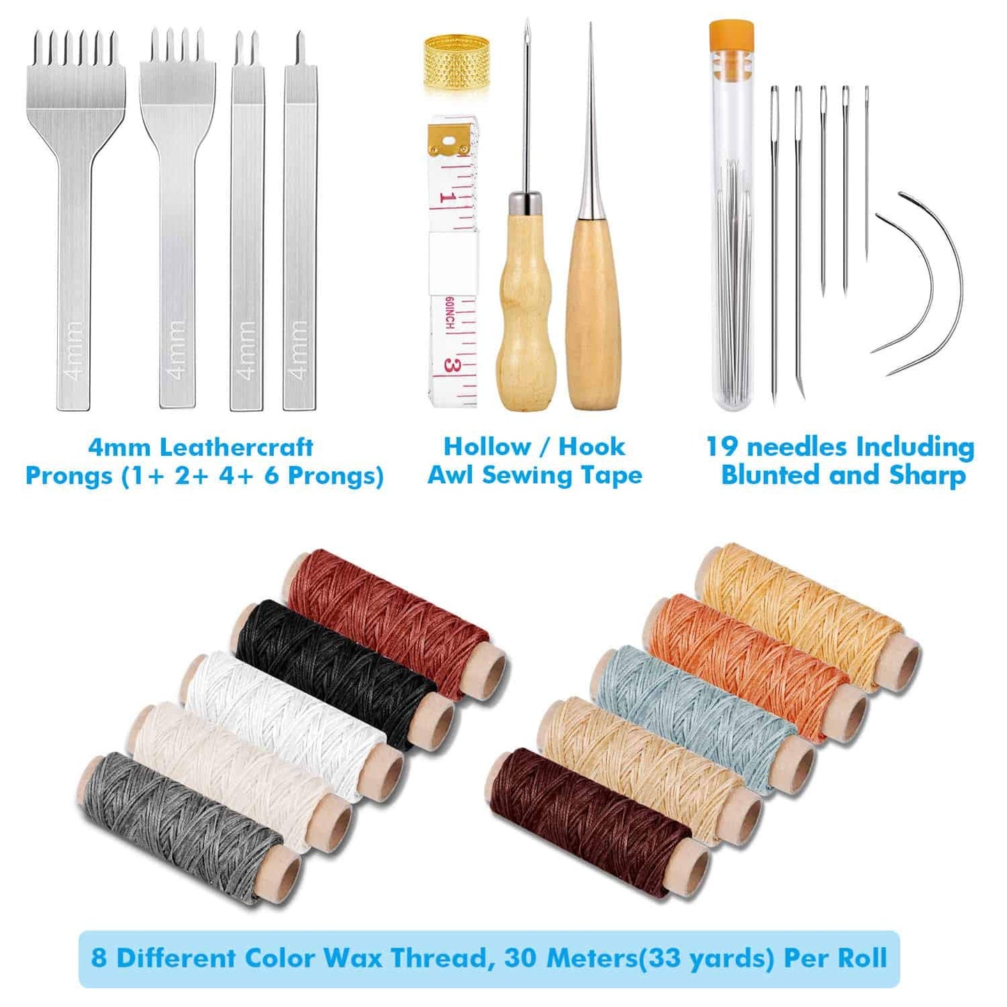 Cridoz 35 Pcs Leather Stitching Pouch Kit with 4mm Prong Sewing Hole Punch, Leather Sewing Tools, Waxed Thread and Large-Eye Stitching Needles for Beginner Leather Sewing Working Crafting Projects