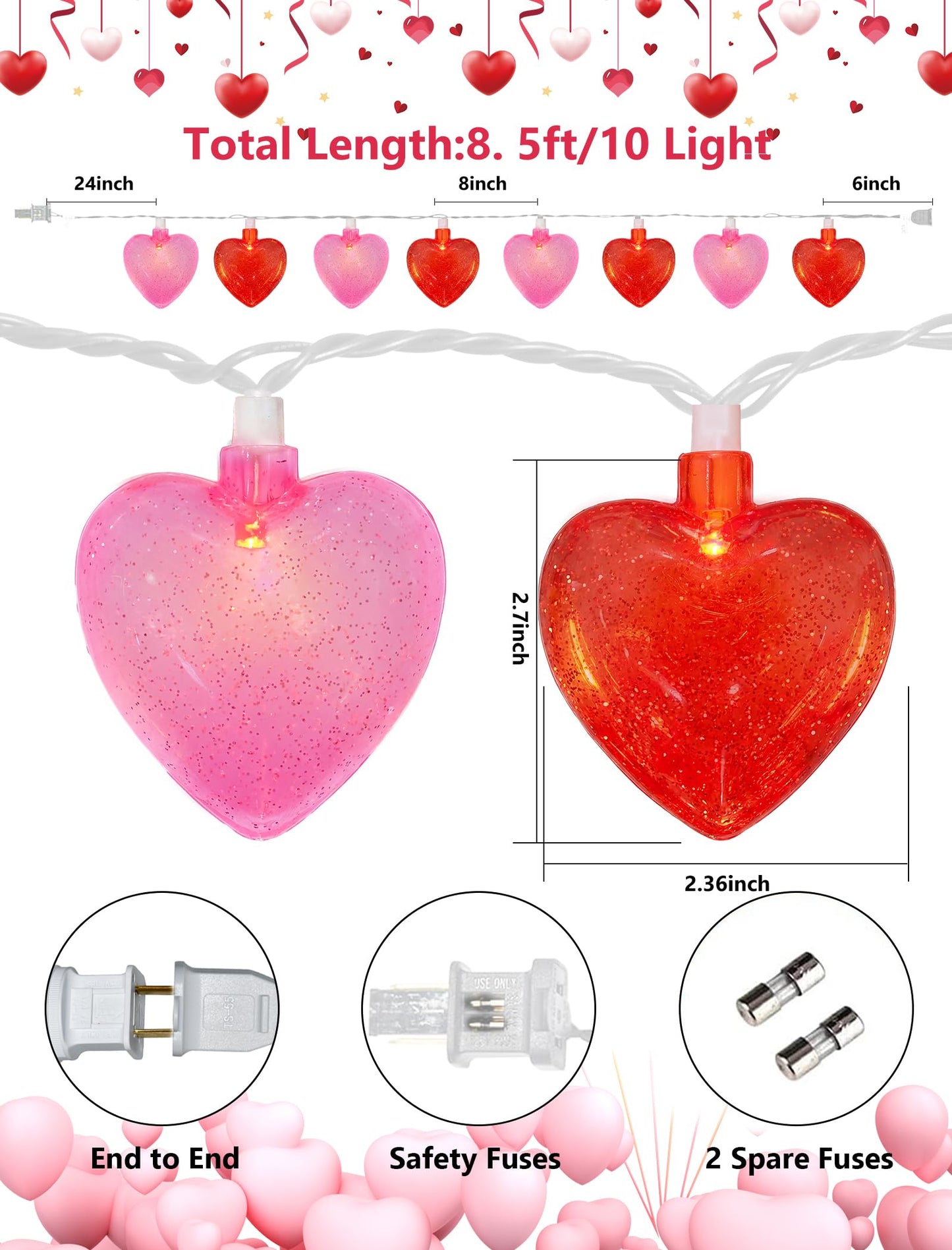 Heart String Lights, 8.5Ft Valentine's Day Decorations String Lights with 10 Pink and Red Heart Lights, Plug in Heart Fairy Lights for Bedroom Home Wedding Indoor Outdoor Valentine's Day Decor