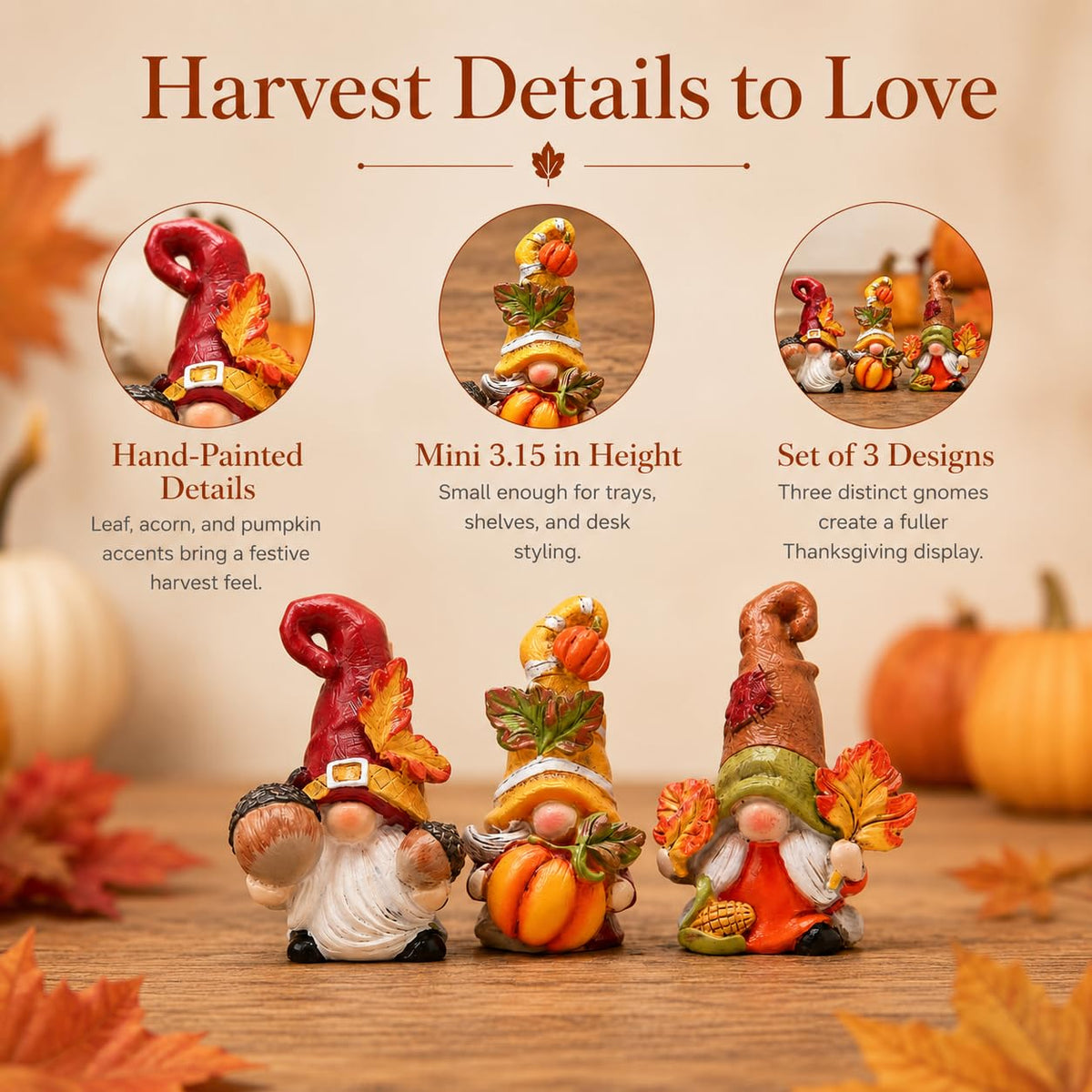 Hodao Thanksgiving Gnome Decorations, 3-Piece Fall Gnome Figurines with Pumpkin, Acorns and Autumn Leaves, Hand-Painted Resin Harvest Decor for Indoor Home Table Shelf Gifts