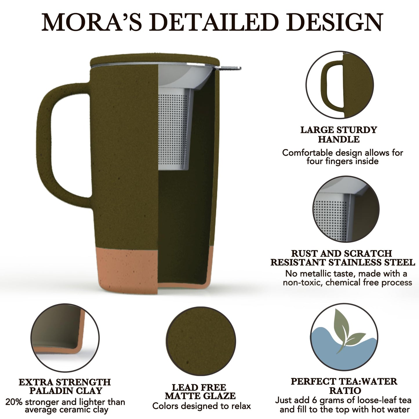 Ceramics Large Tea Mug with Loose Leaf Infuser and Ceramic Lid, 18 oz, Portable, Microwave and Dishwasher Safe, Tall Coffee Cup - Rustic Matte Ceramic Glaze, Modern Herbal Tea Strainer, Olive