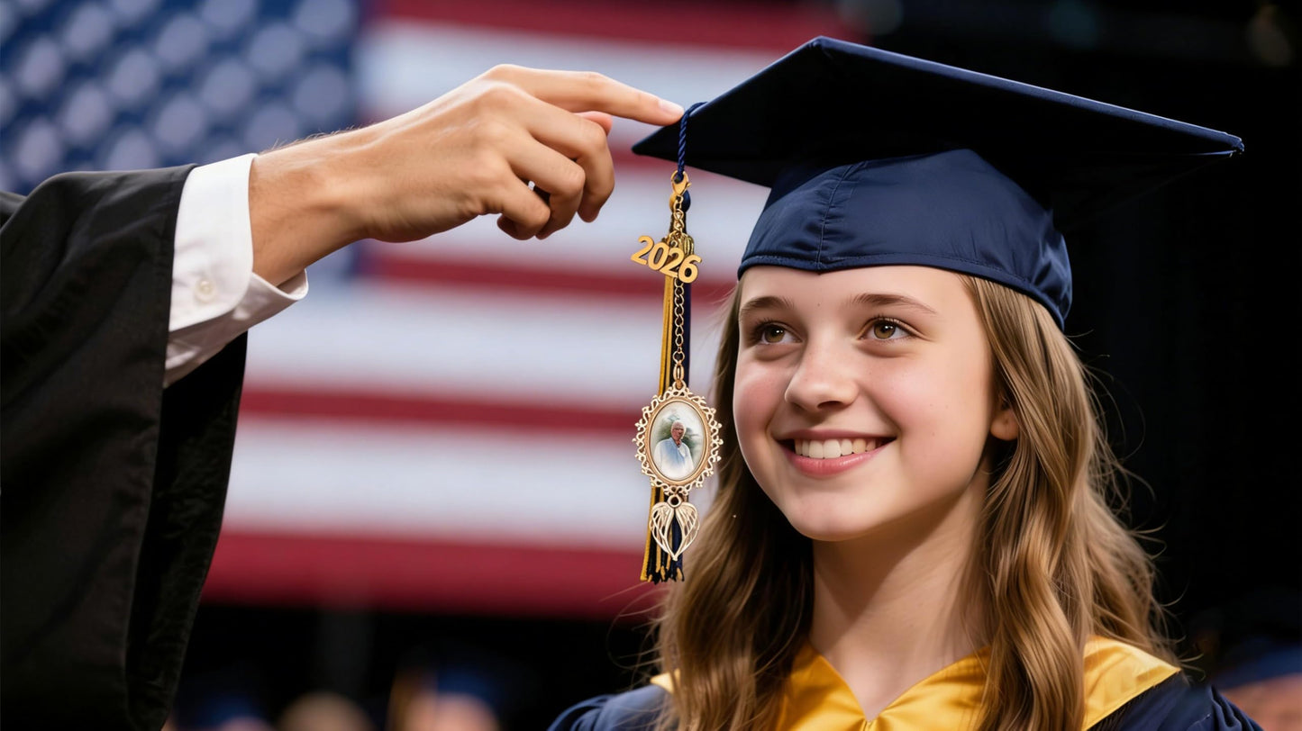 ARHTF Graduate Memorial Photo Charm Tassel Memorial Charm Class of 2026 Graduation 2026 DIY in Memory Mortarboard Decoration for Cap and Gown Ceremony Charms (gold heart tassel)