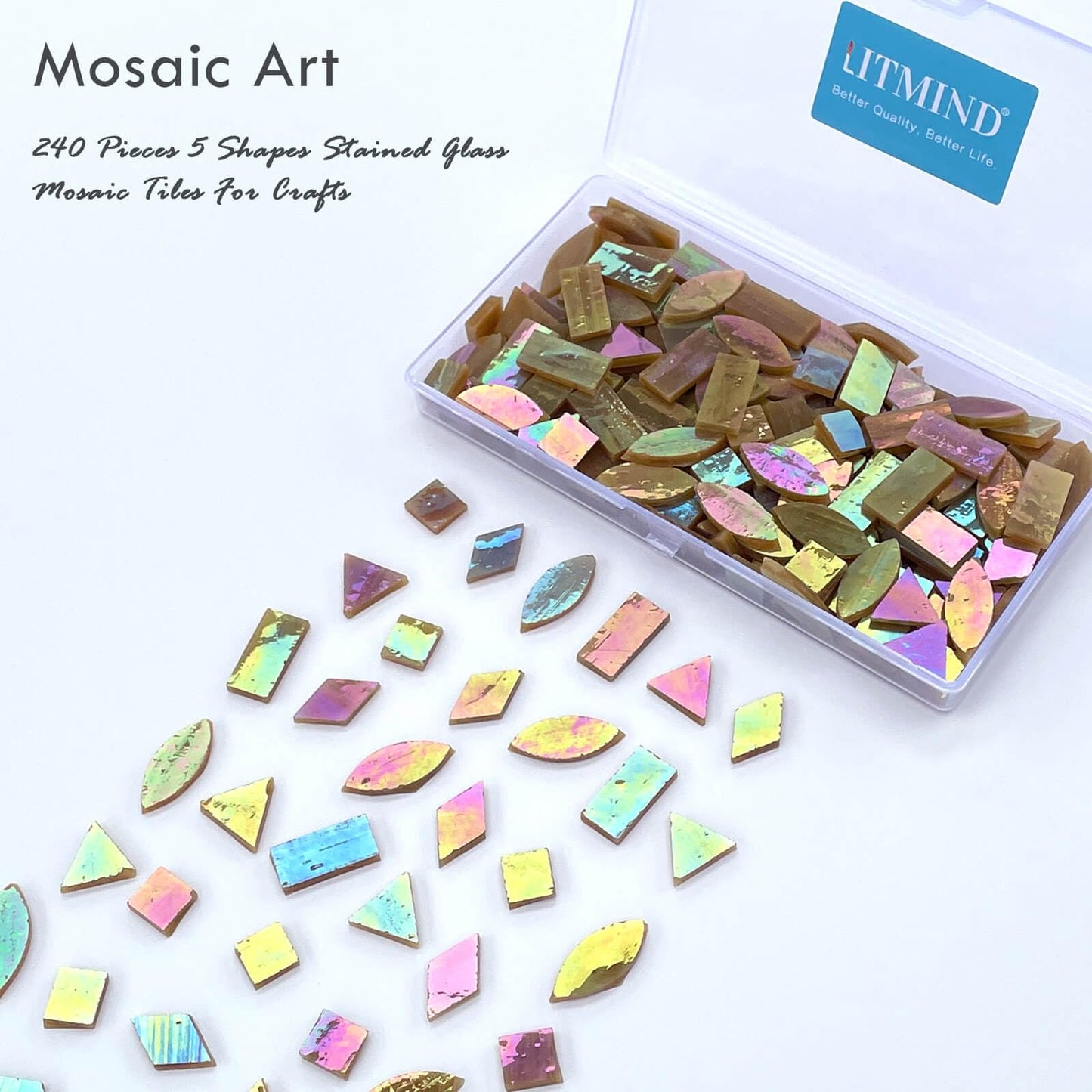 LITMIND Brown Iridescent Stained Glass Mosaic Tiles for Crafts - 240 Pieces, 5 Shapes Mixed (Rectangle, Triangle, Rhombus, Square, Leaf) - Ideal for Mosaic Making Projects