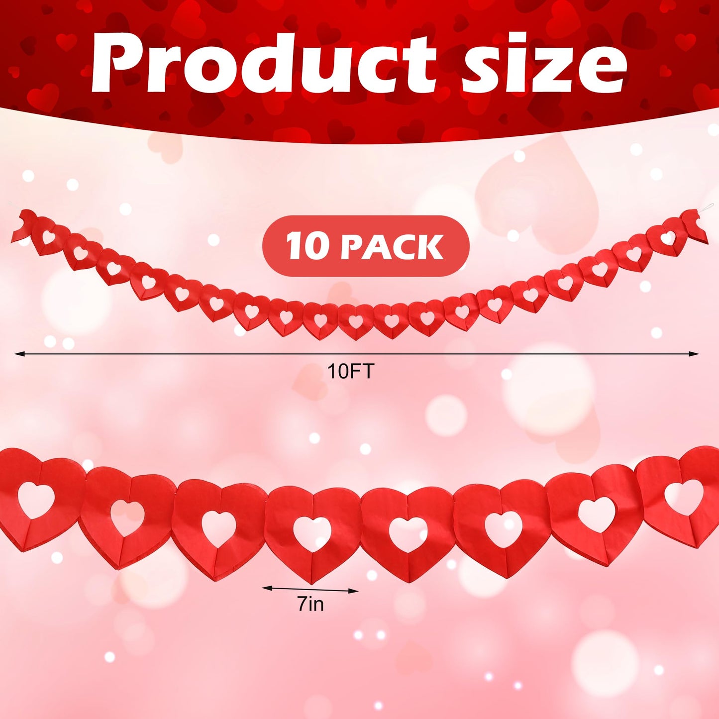 Tlswshsy 10Pcs Valentines Day Heart Garland Banner, 100Ft Pre-Strung Red Heart Paper Garland, Heart Shape Hanging Paper Decoration for Valentines Engagement Wedding Party Anniversary Birthday Supply